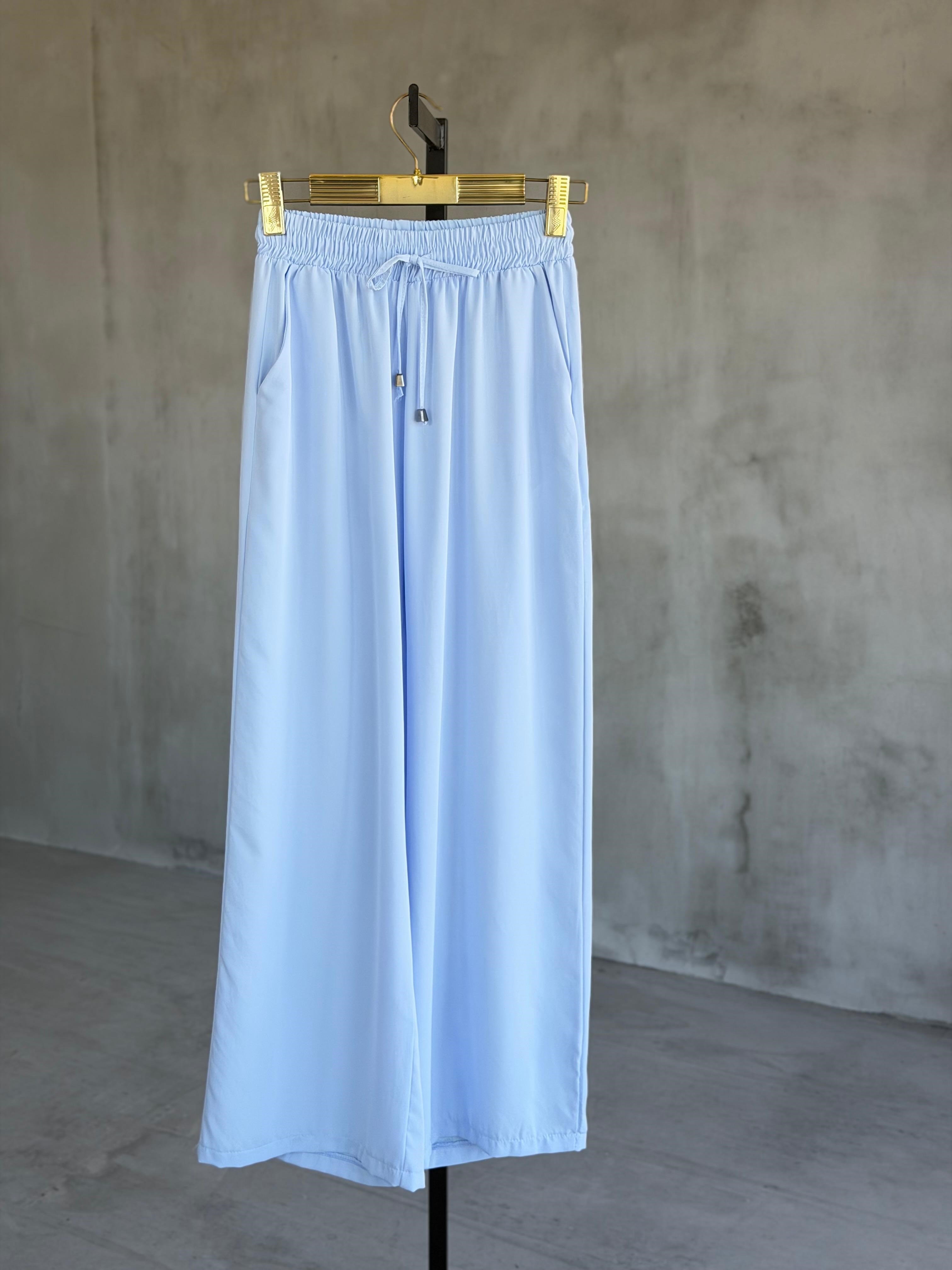 Bel Bağlamalı Bol Paça Pantolon (Bebe Mavisi)