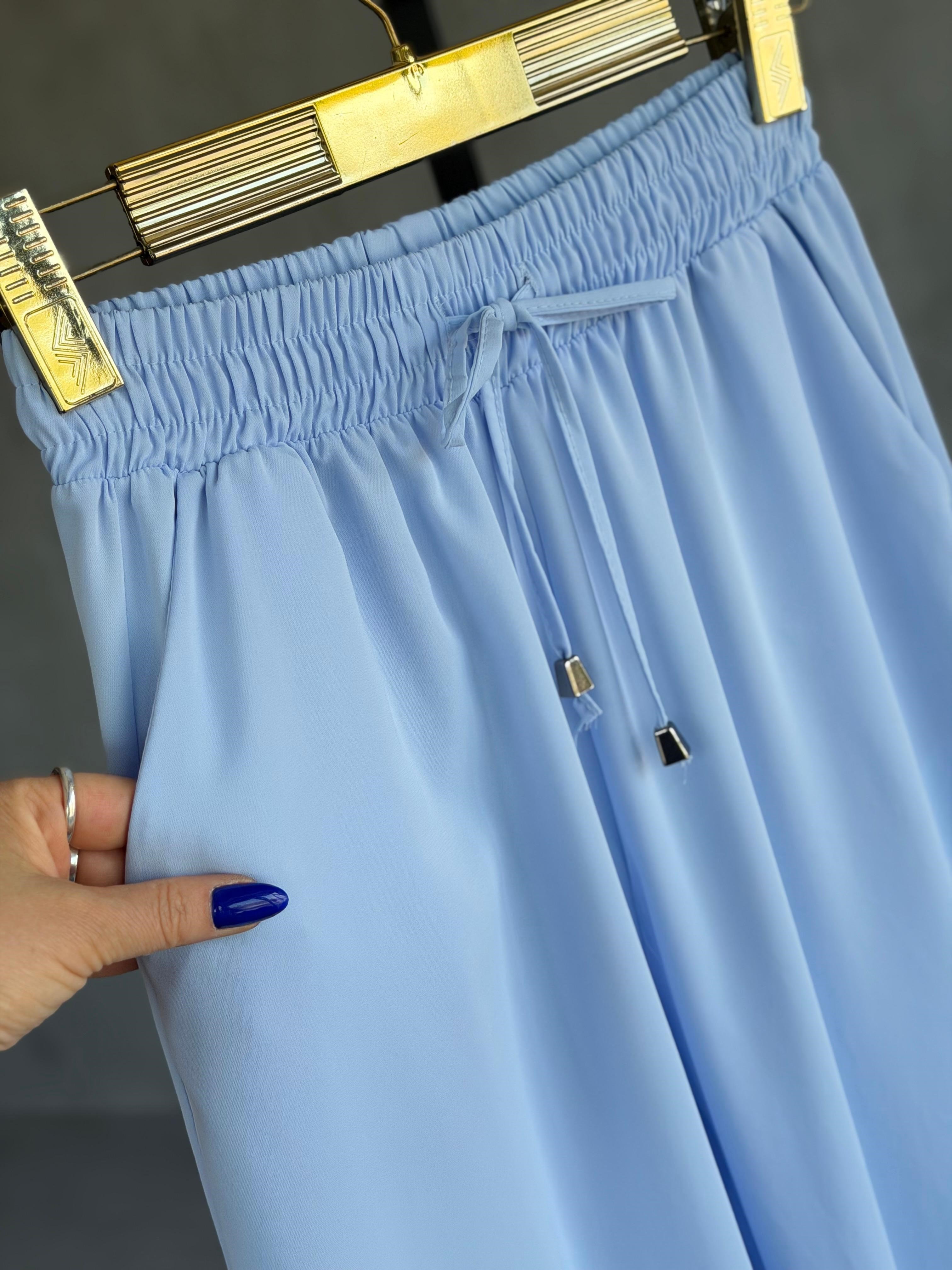 Bel Bağlamalı Bol Paça Pantolon (Bebe Mavisi)
