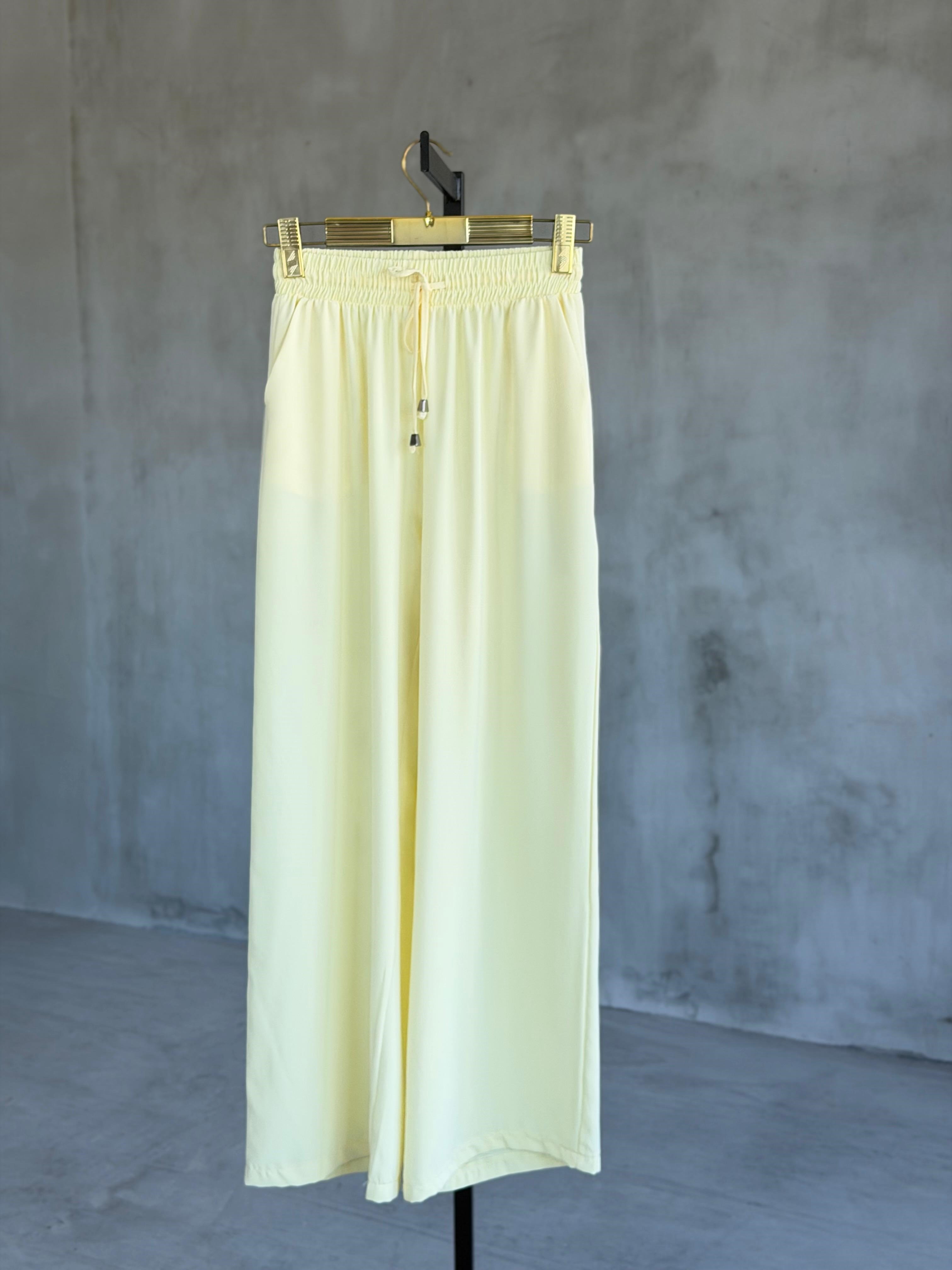 Bel Bağlamalı Bol Paça Pantolon (Sarı)