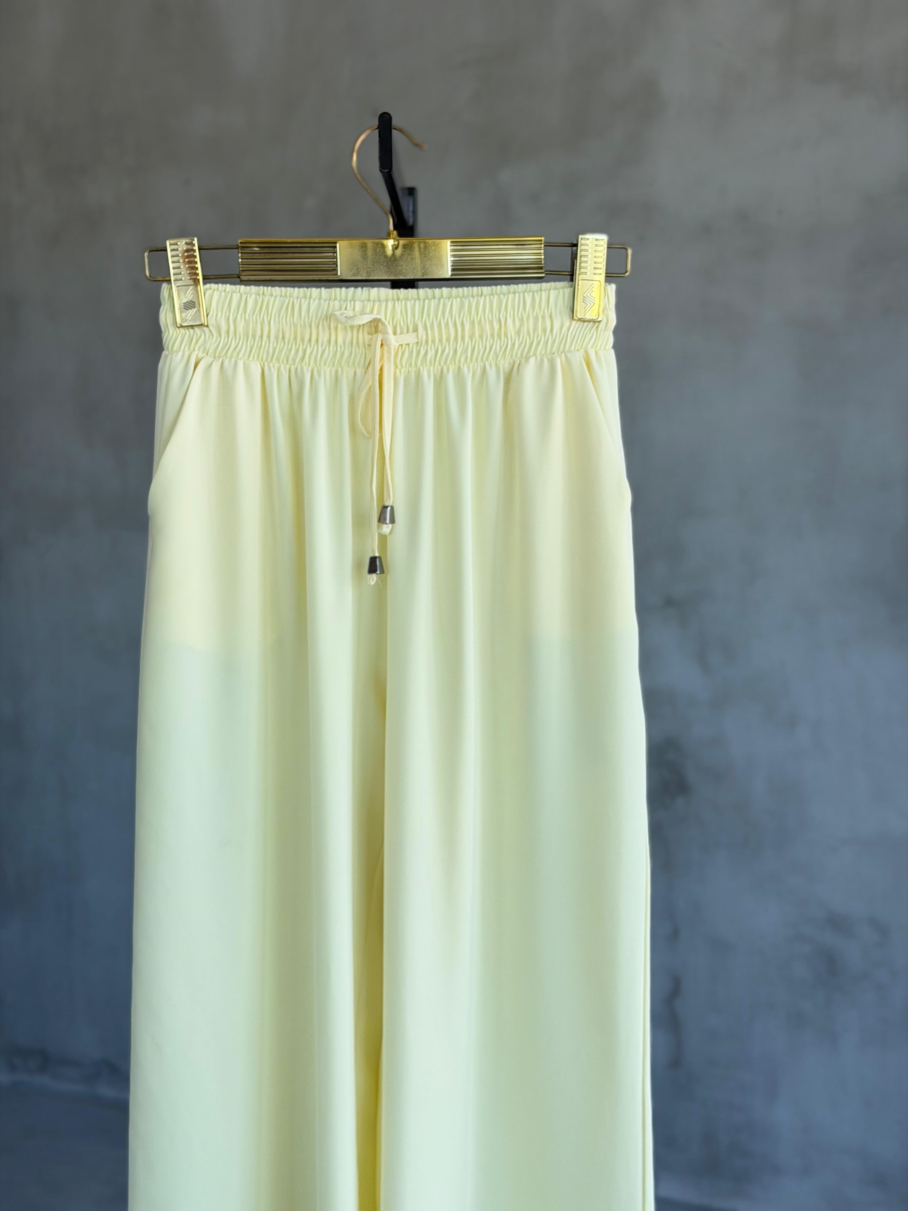 Bel Bağlamalı Bol Paça Pantolon (Sarı)
