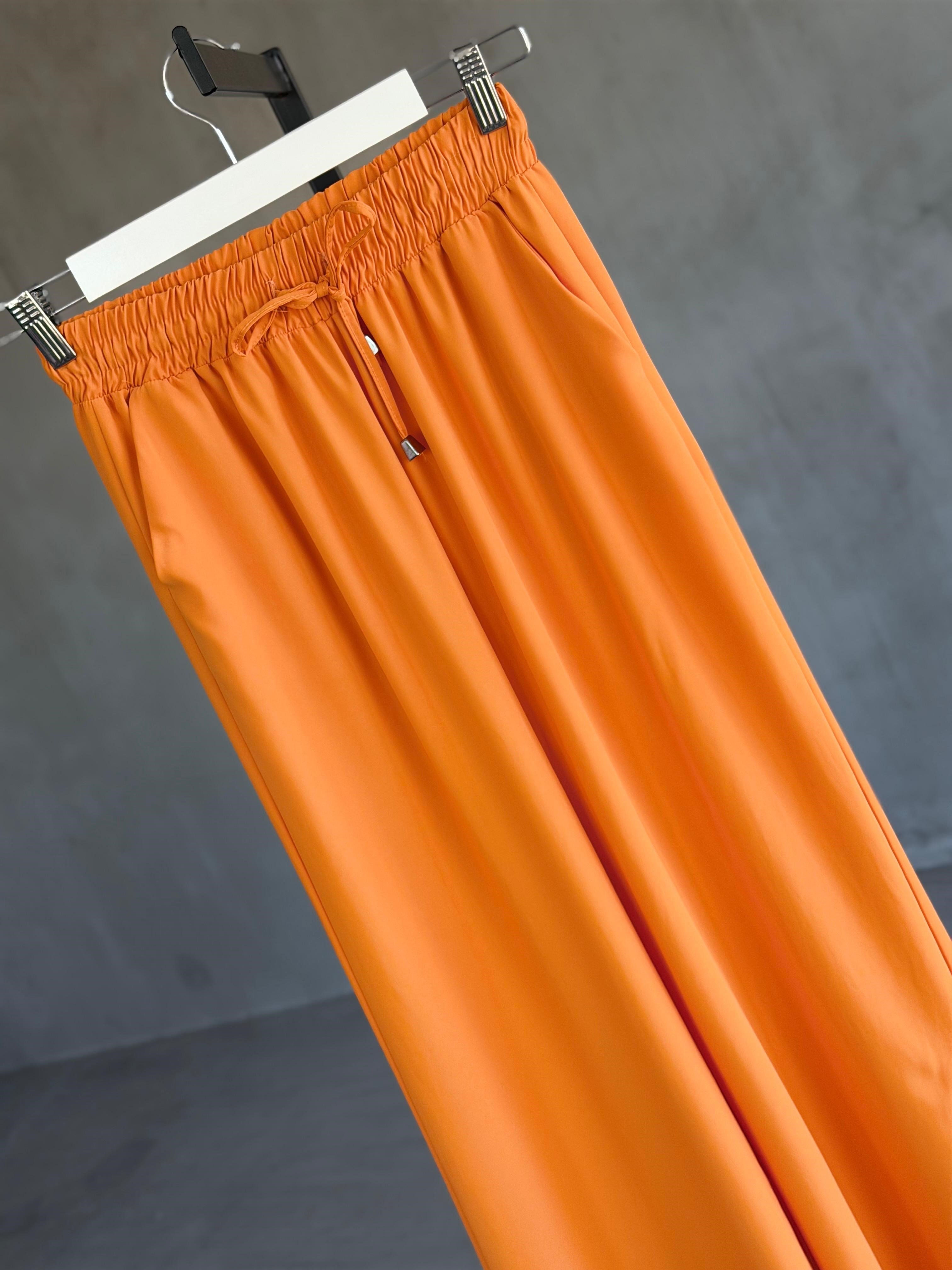 Bel Bağlamalı Bol Paça Pantolon (Turuncu)