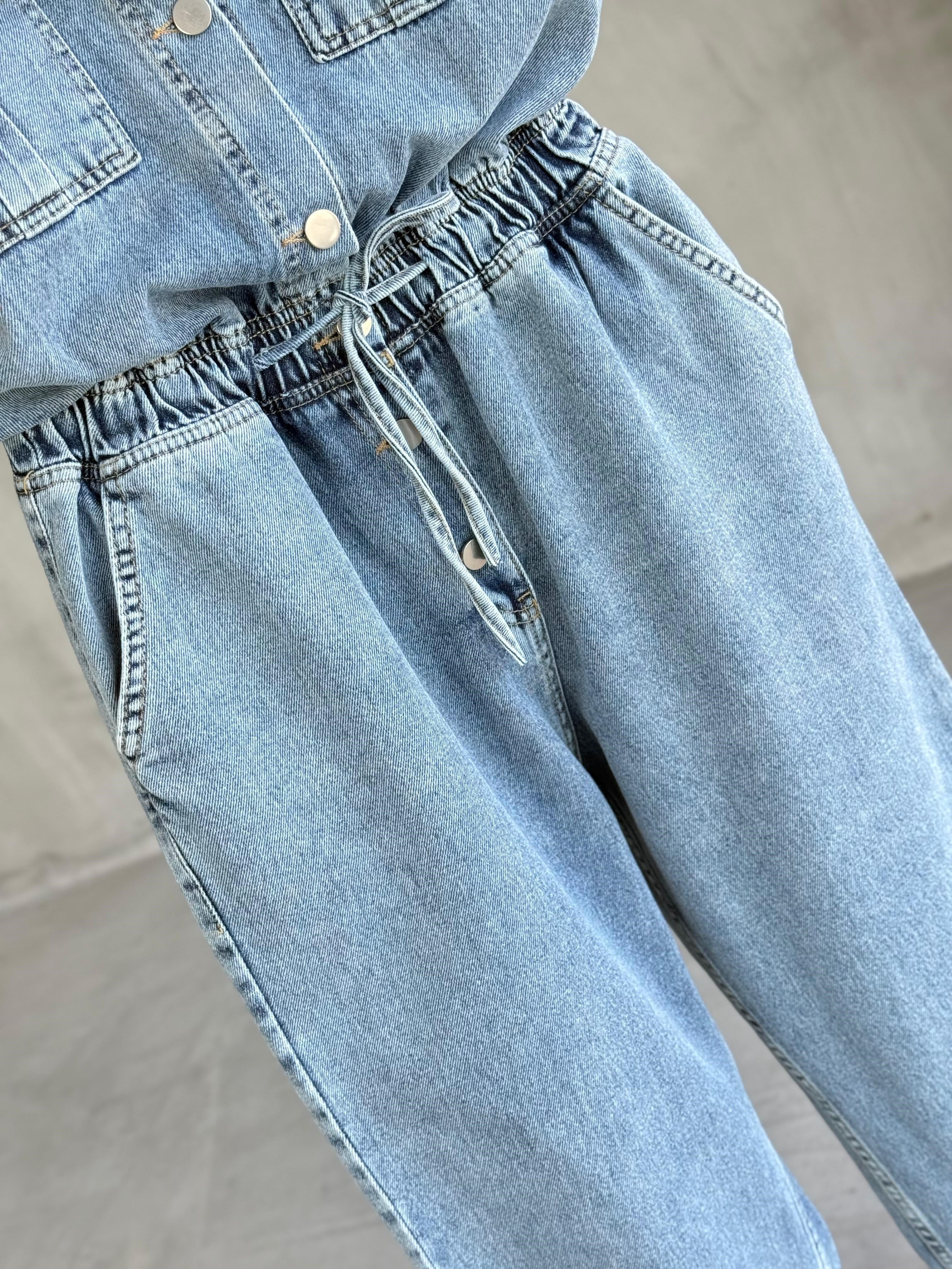 Bel Büzgülü Denim Tulum (Mavi)