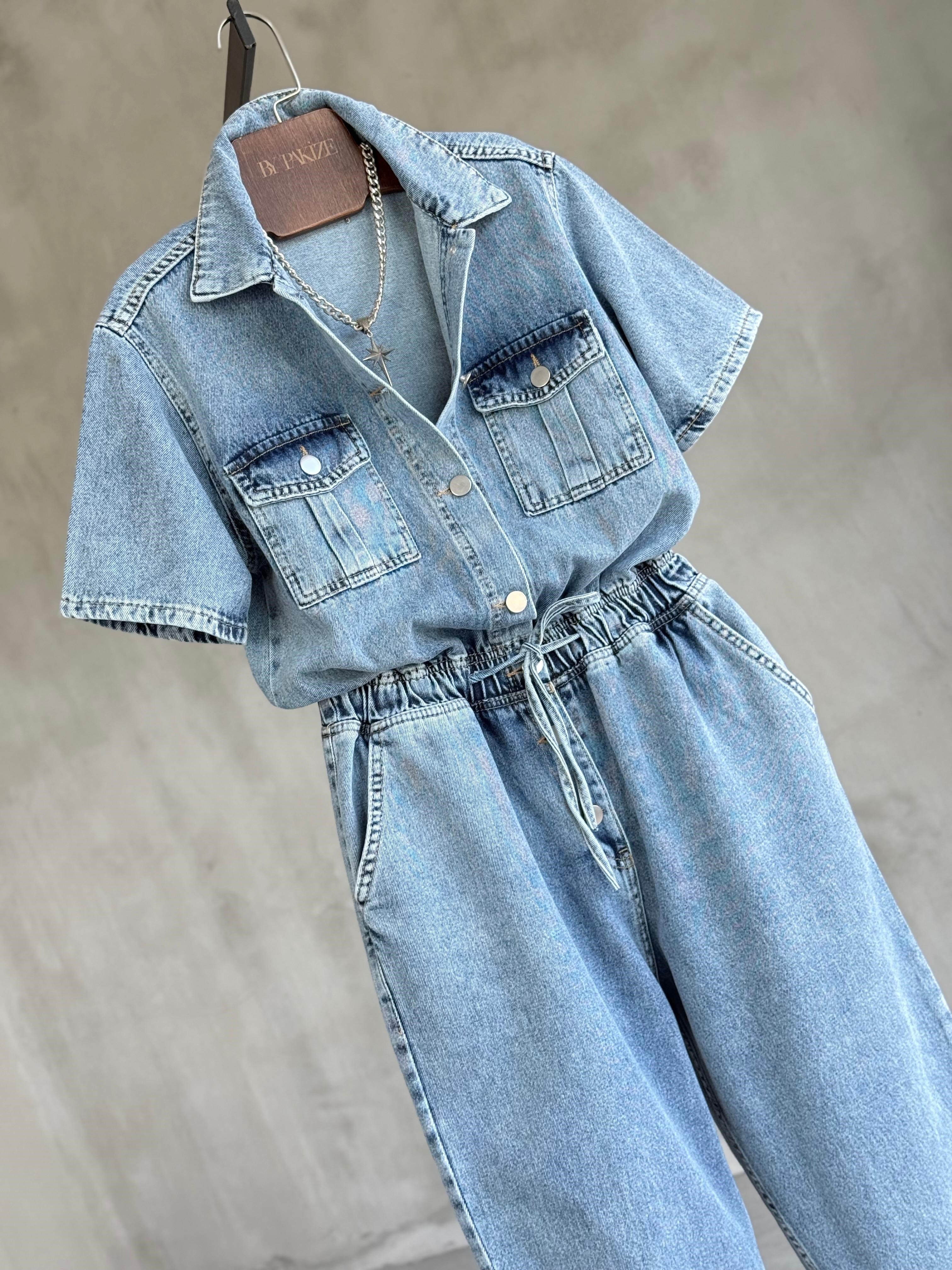 Bel Büzgülü Denim Tulum (Mavi)