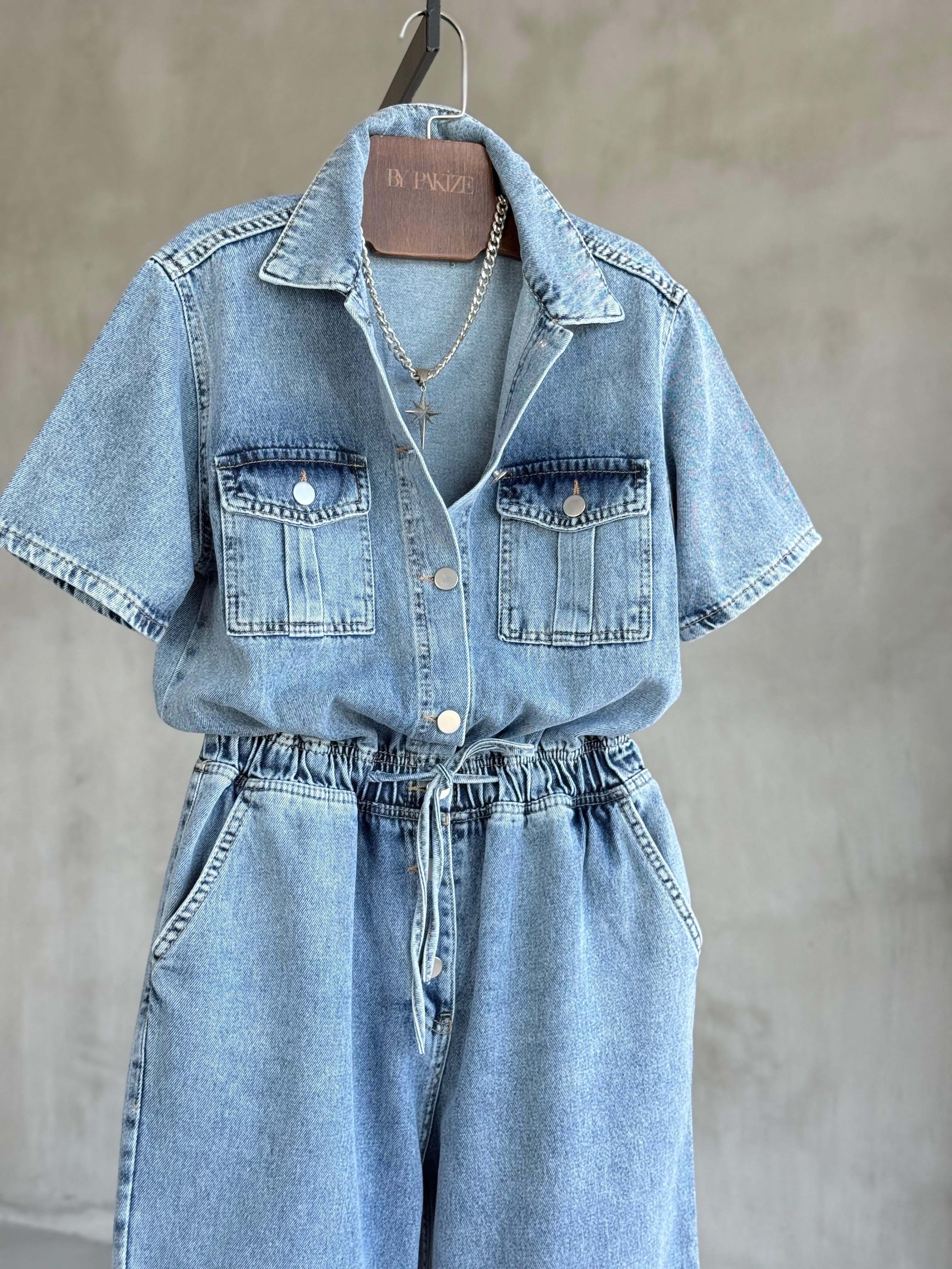 Bel Büzgülü Denim Tulum (Mavi)