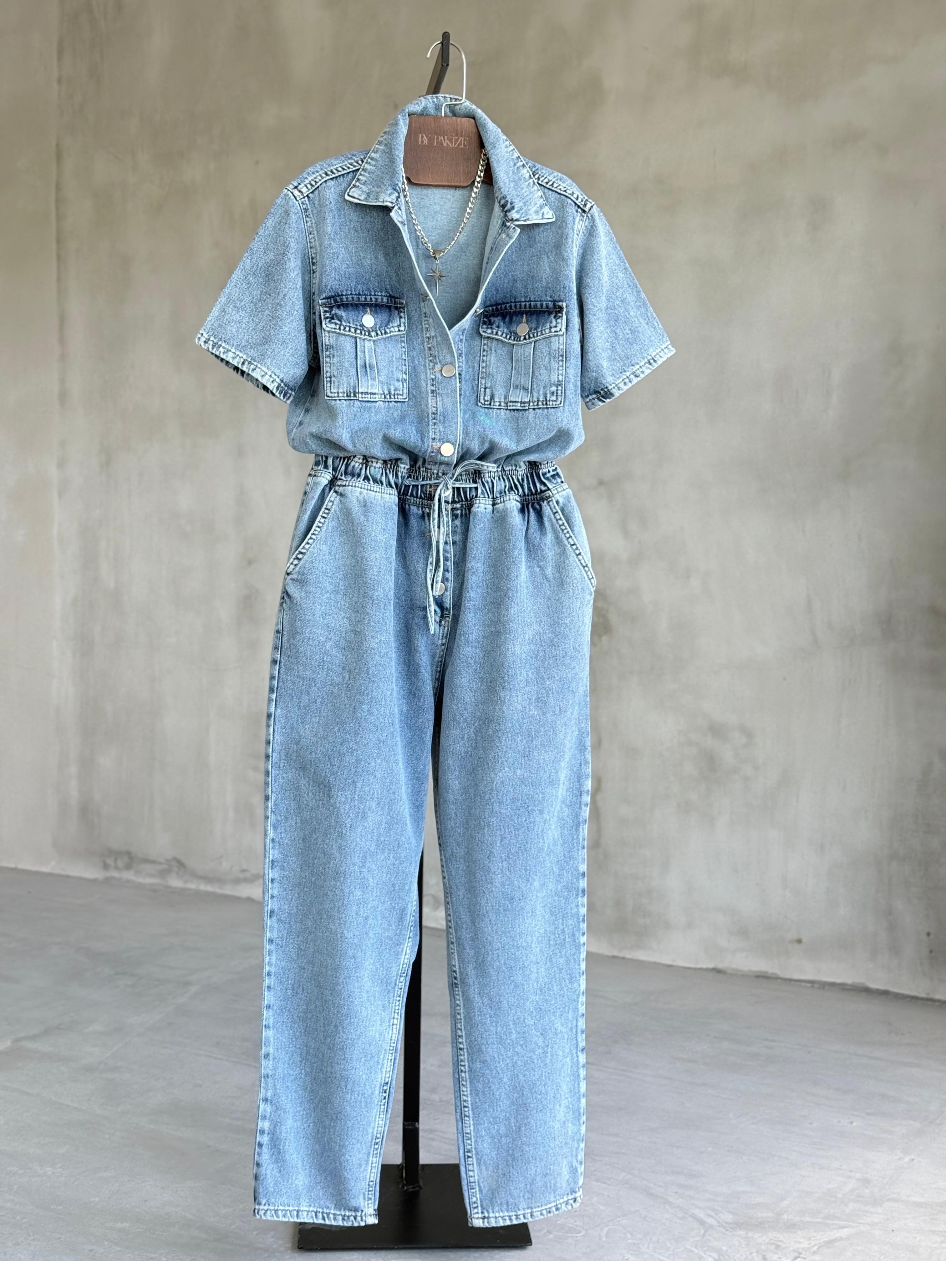 Bel Büzgülü Denim Tulum (Mavi)