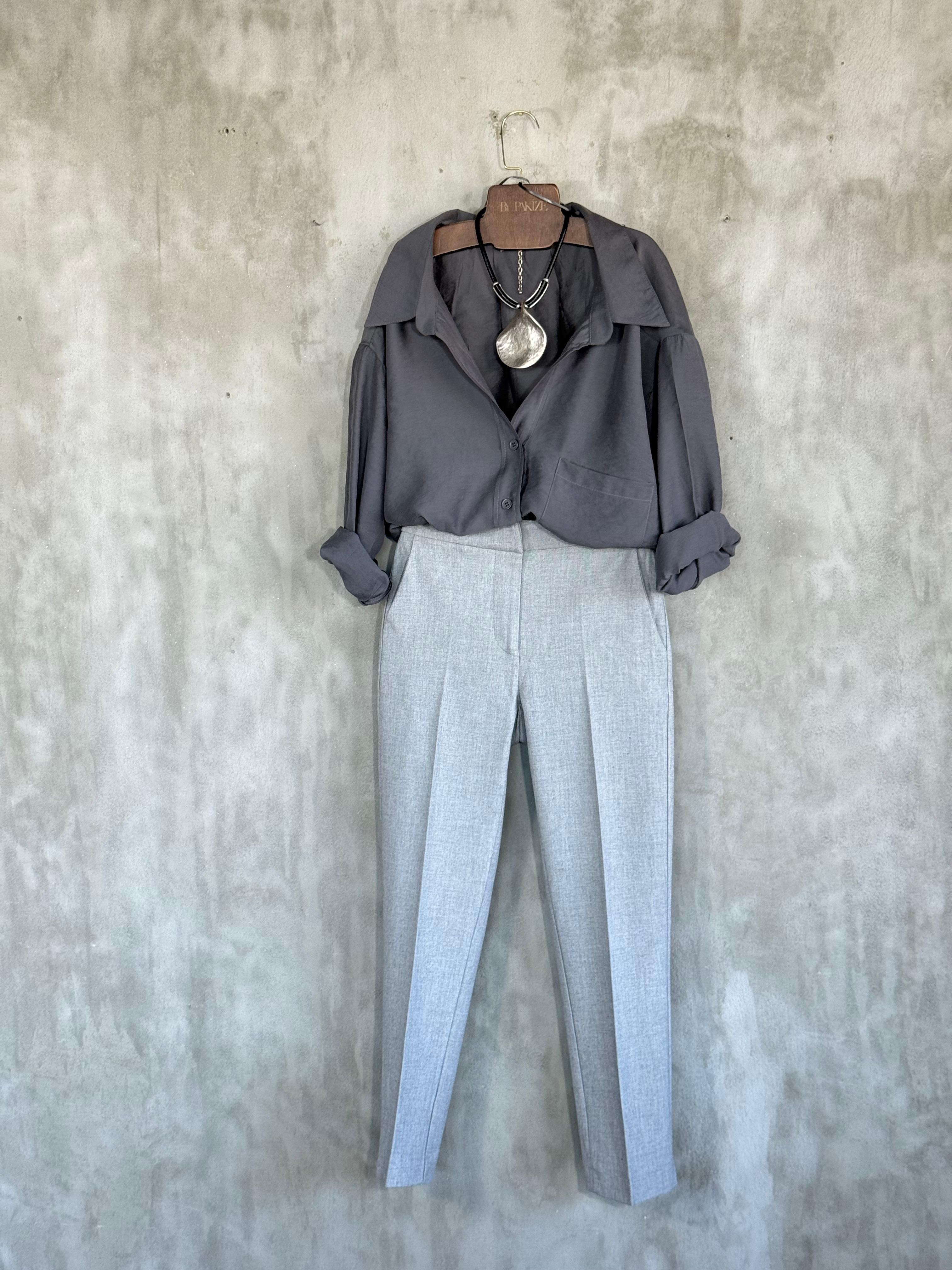 Bel Lastik Detaylı Kumaş Pantolon (Gri)