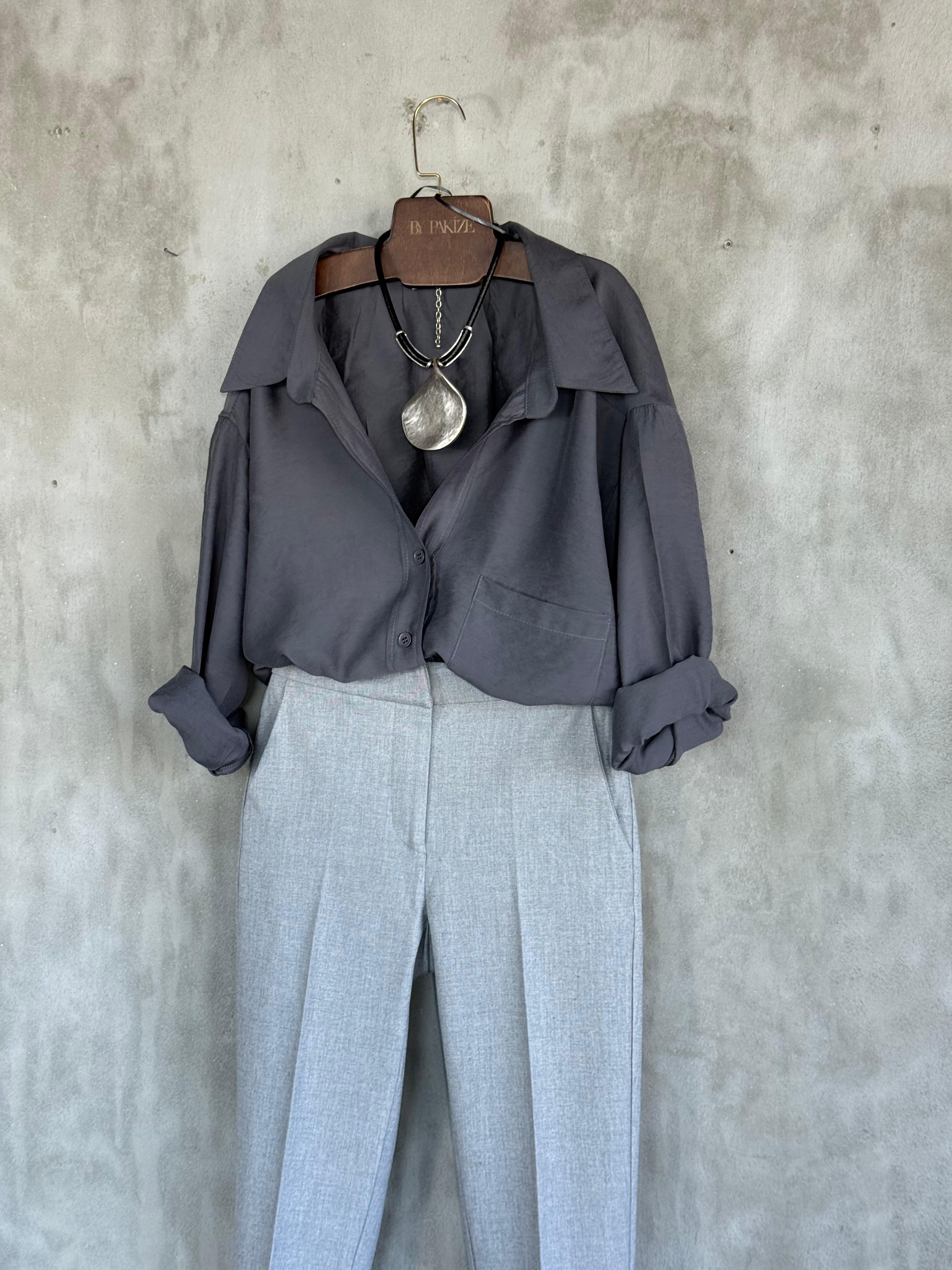 Bel Lastik Detaylı Kumaş Pantolon (Gri)