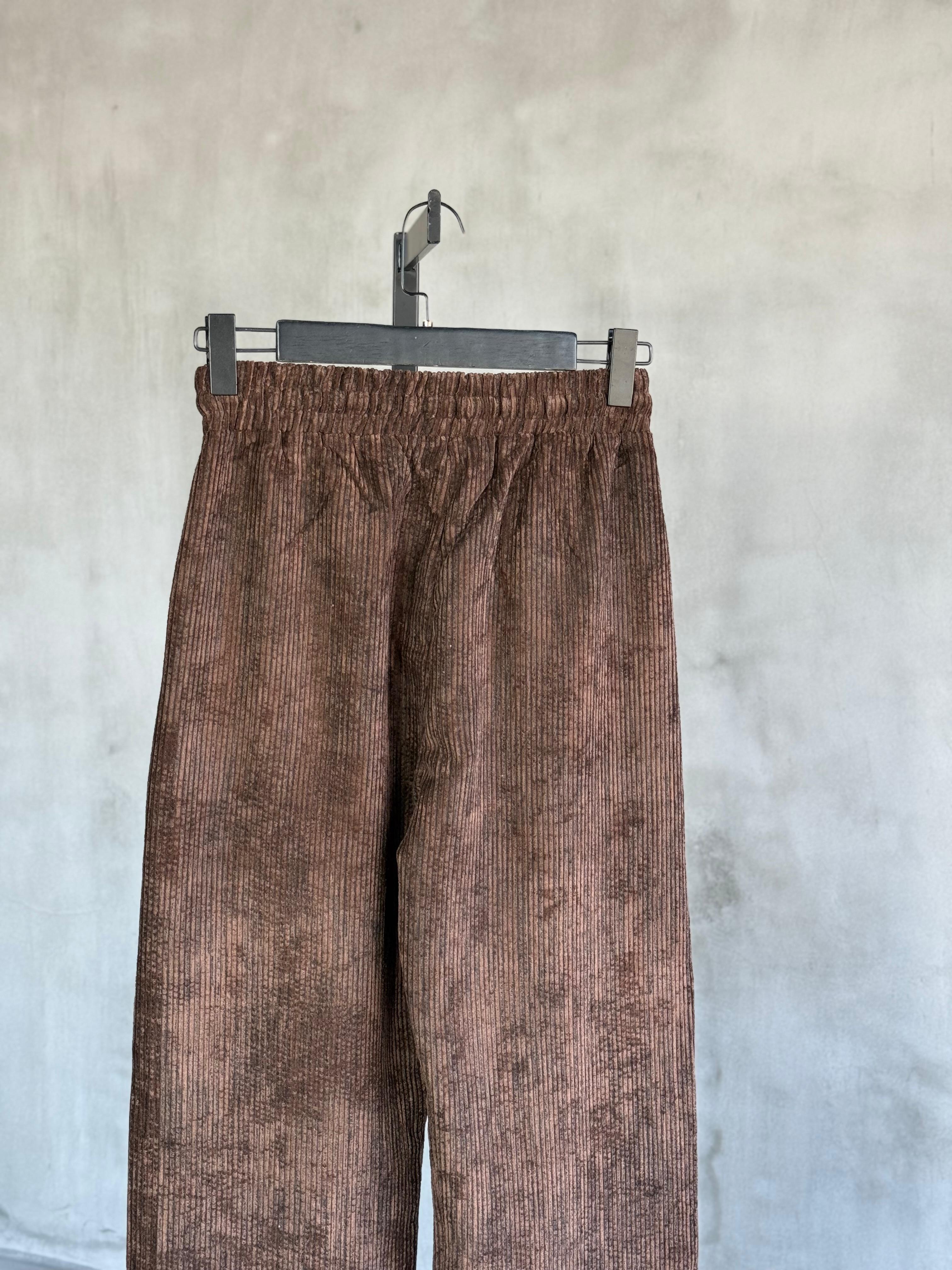 Bel Lastikli Yansımalı Kadife Pantolon (Kahve)