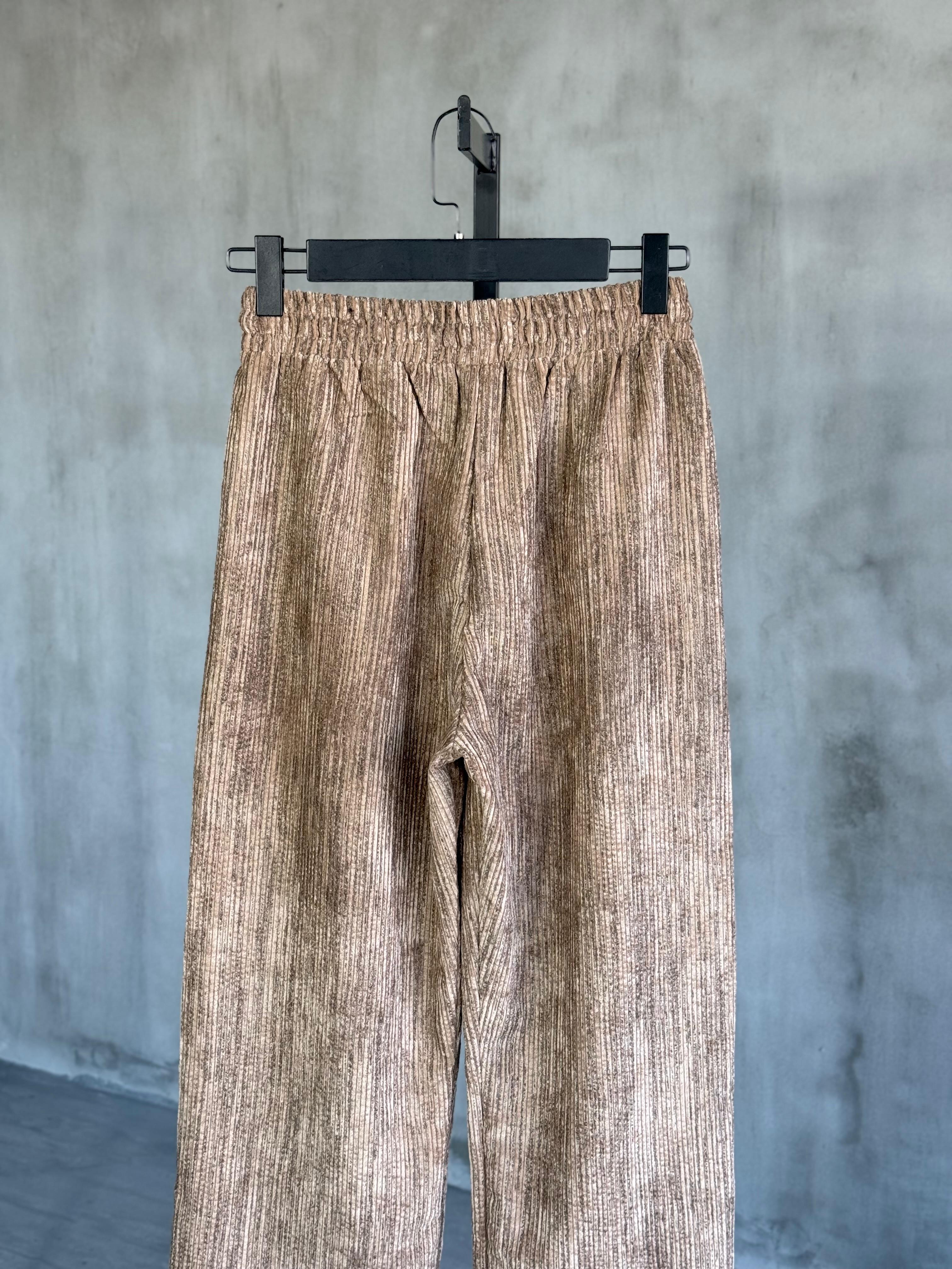 Bel Lastikli Yansımalı Kadife Pantolon (Sütlü Kahve)