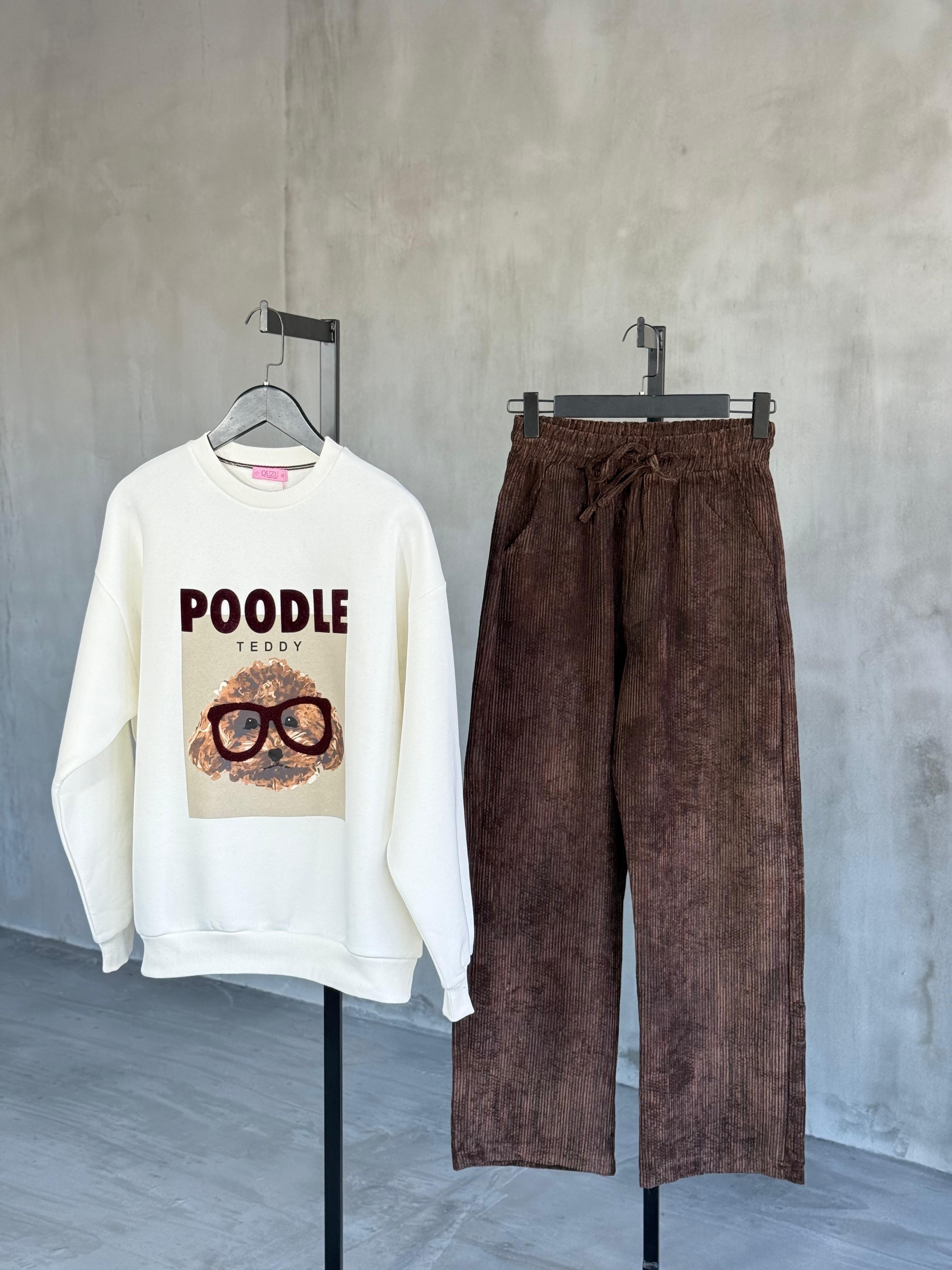 Bel Lastikli Yansımalı Kadife Pantolon (Kahve)