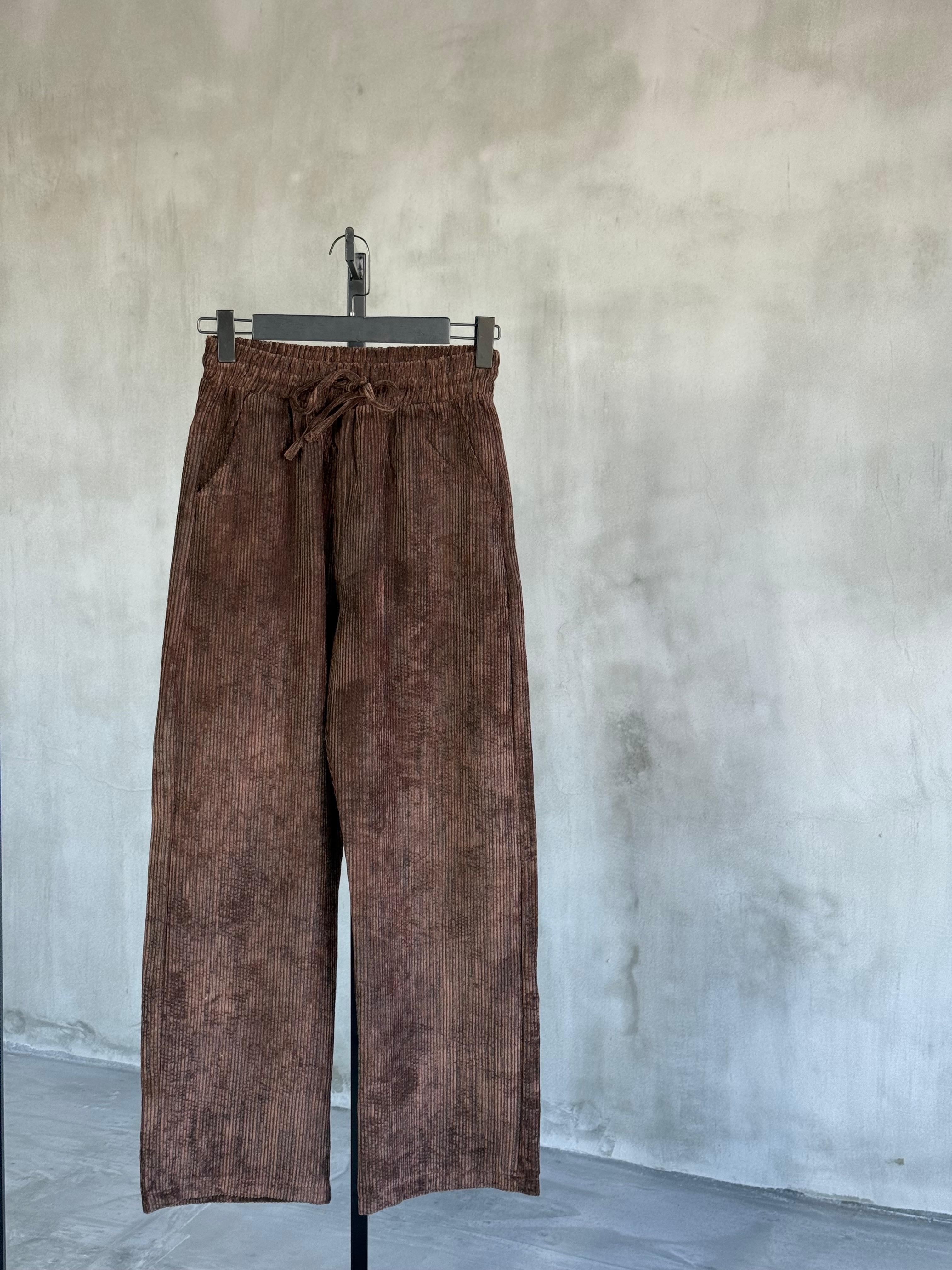 Bel Lastikli Yansımalı Kadife Pantolon (Kahve)