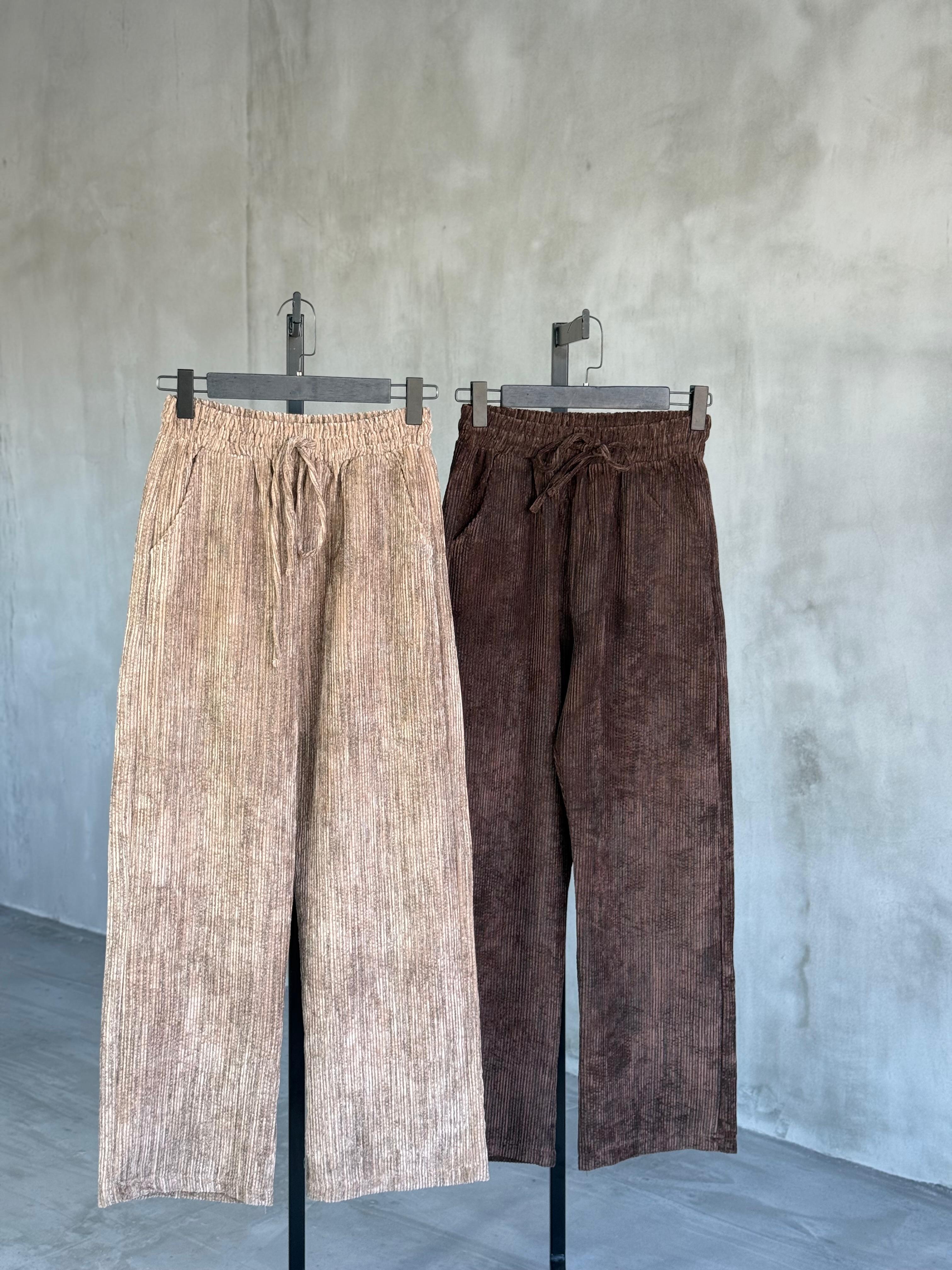 Bel Lastikli Yansımalı Kadife Pantolon (Kahve)