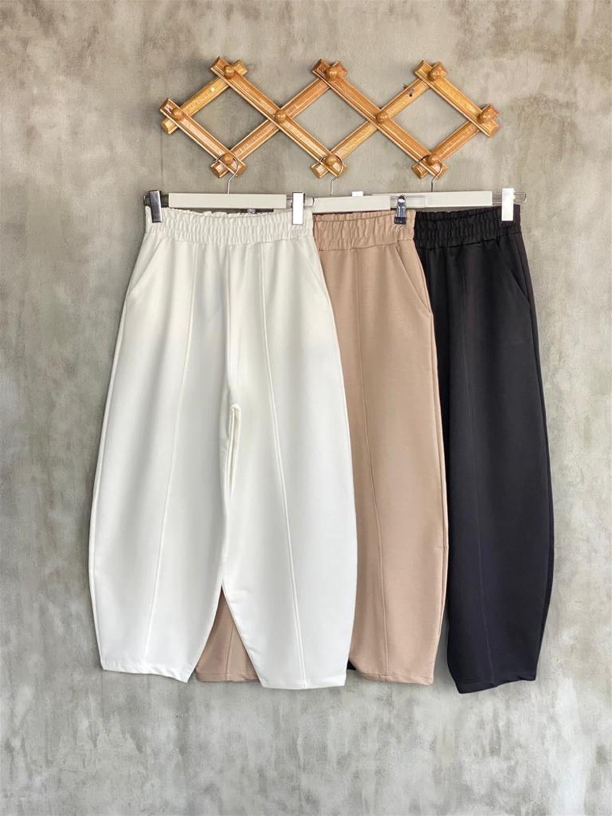 Beli Lastikli Önden Çımalı Şalvar Pantolon (Beyaz)
