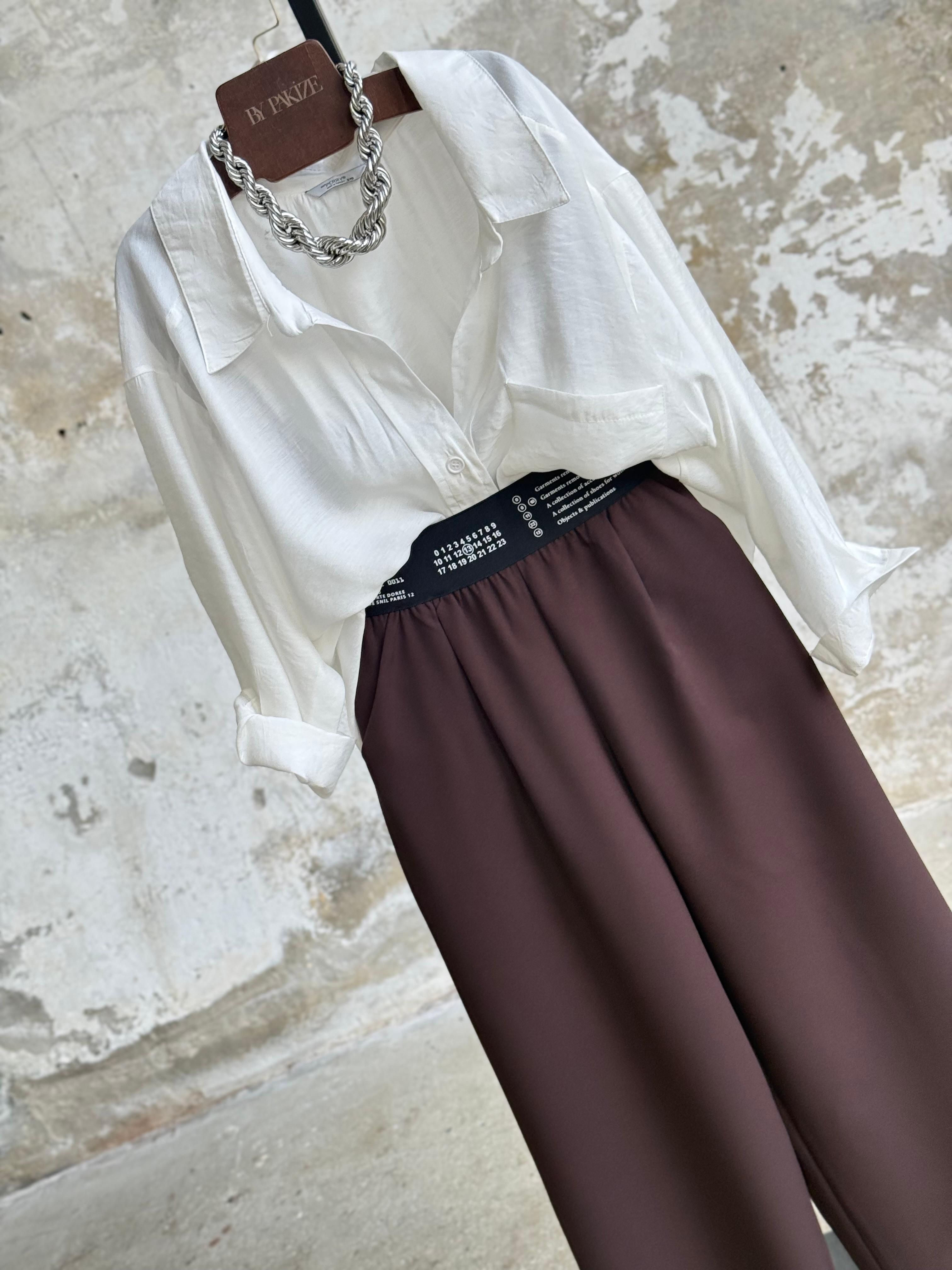 Beli Lastikli Yazı Baskılı Pantolon  (Kahve)