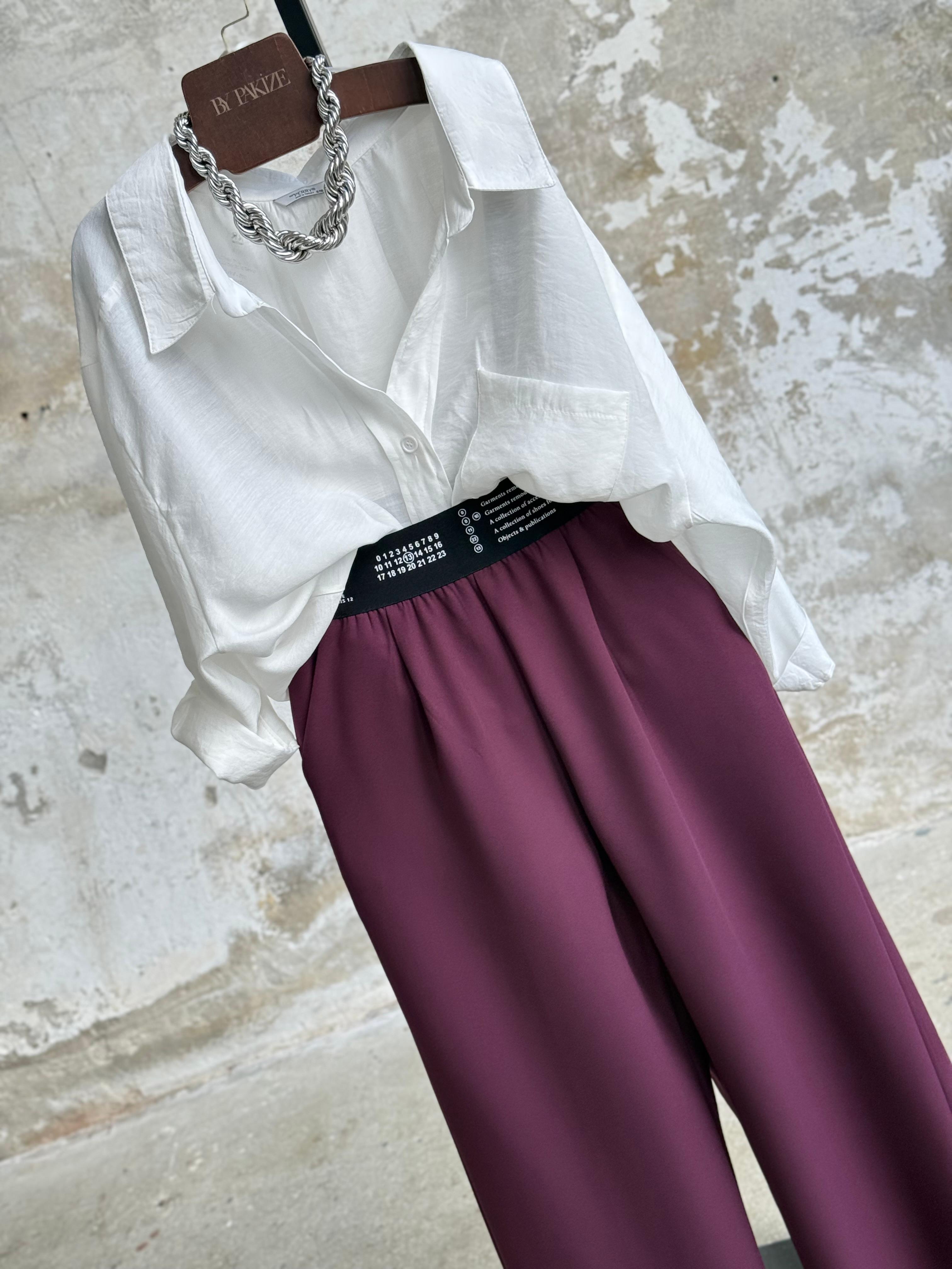 Beli Lastikli Yazı Baskılı Pantolon  (Mürdüm)