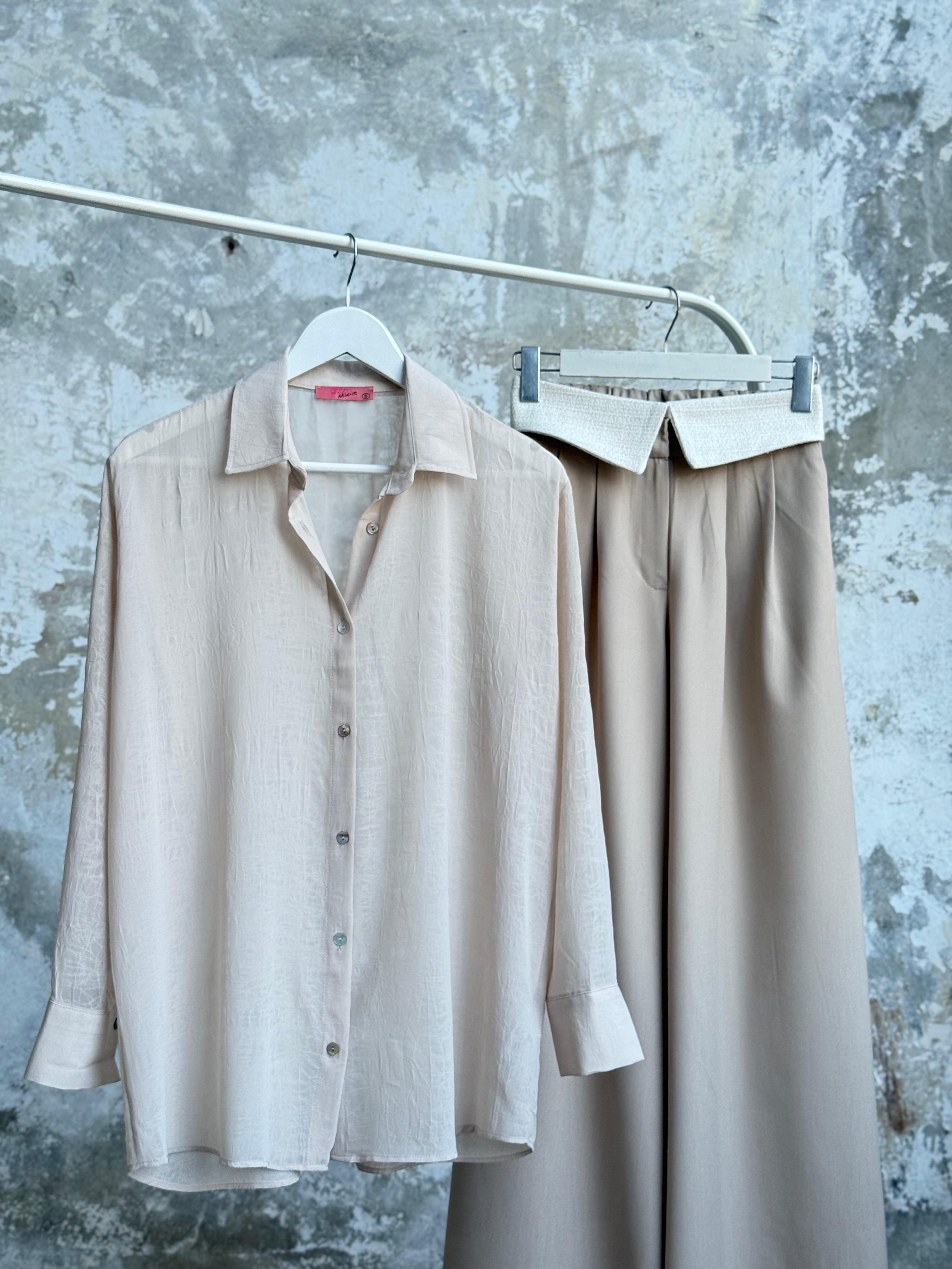 Beli Match Detaylı Bol Paça Pantolon (Bej)