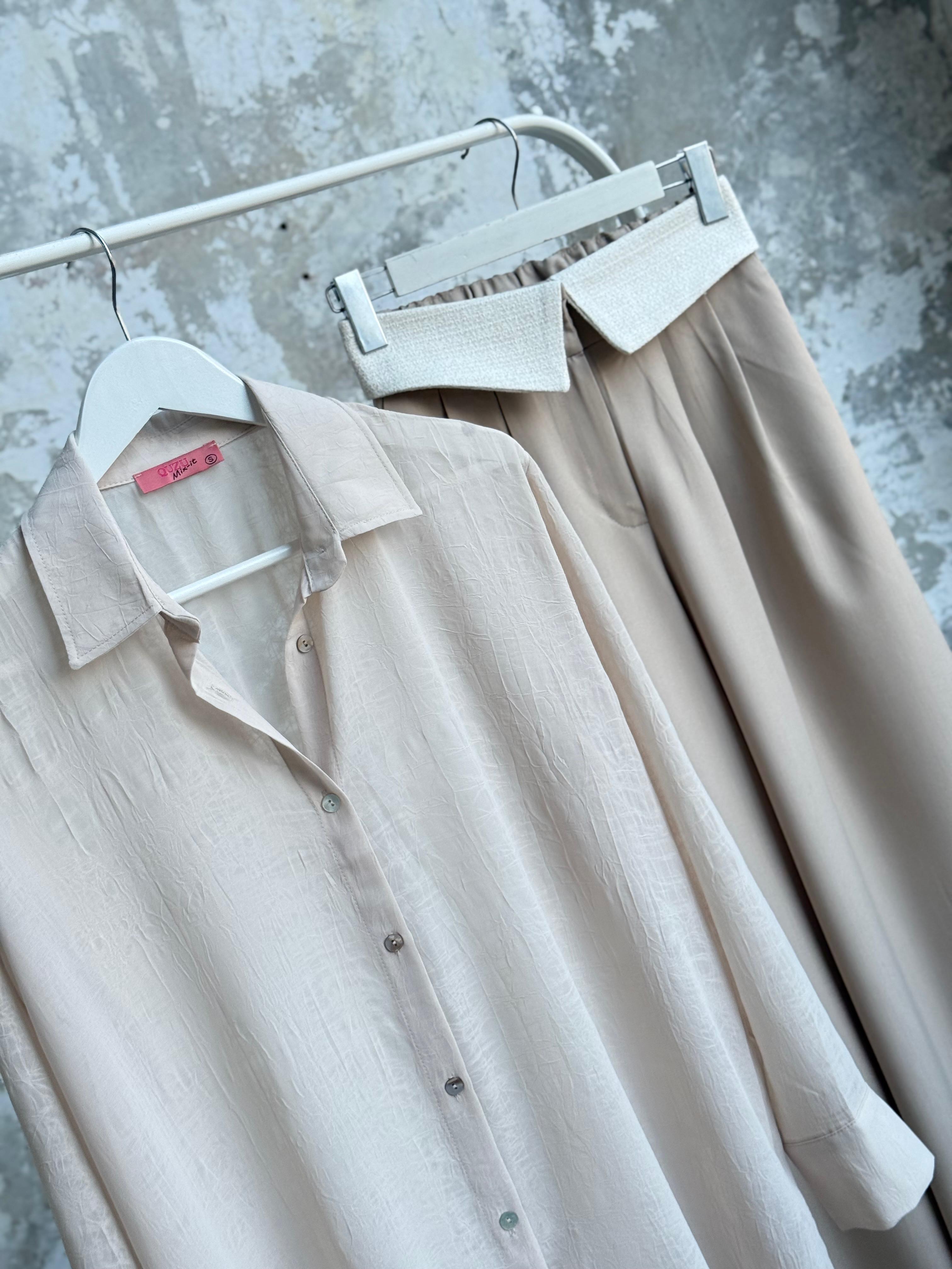 Beli Match Detaylı Bol Paça Pantolon (Bej)