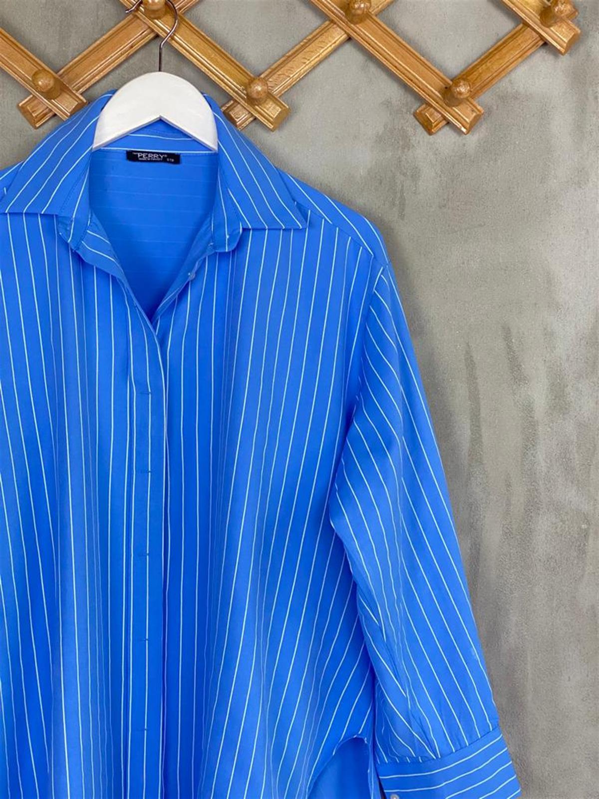 Beyaz Çizgili Oversize Poplin Gömlek (Mavi)