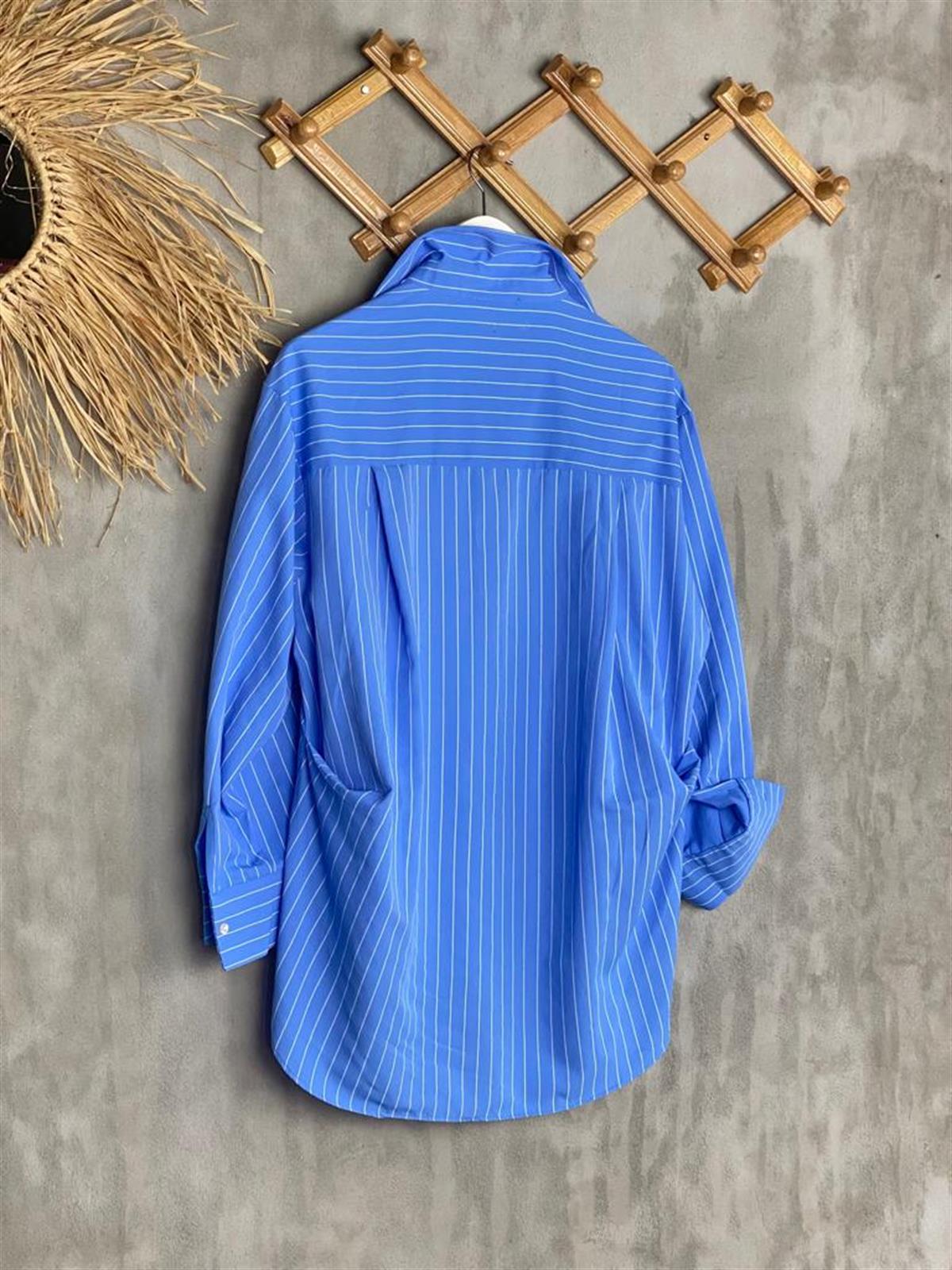 Beyaz Çizgili Oversize Poplin Gömlek (Mavi)