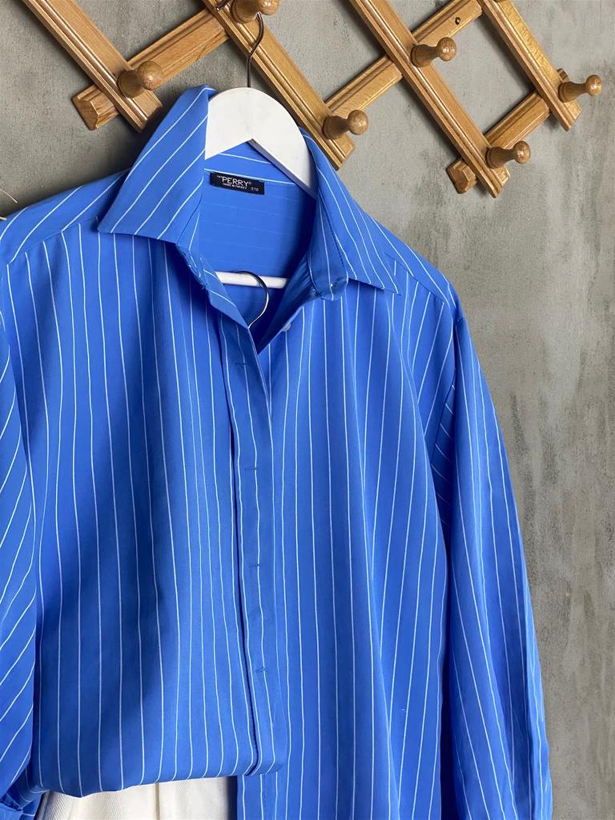 Beyaz Çizgili Oversize Poplin Gömlek (Mavi)