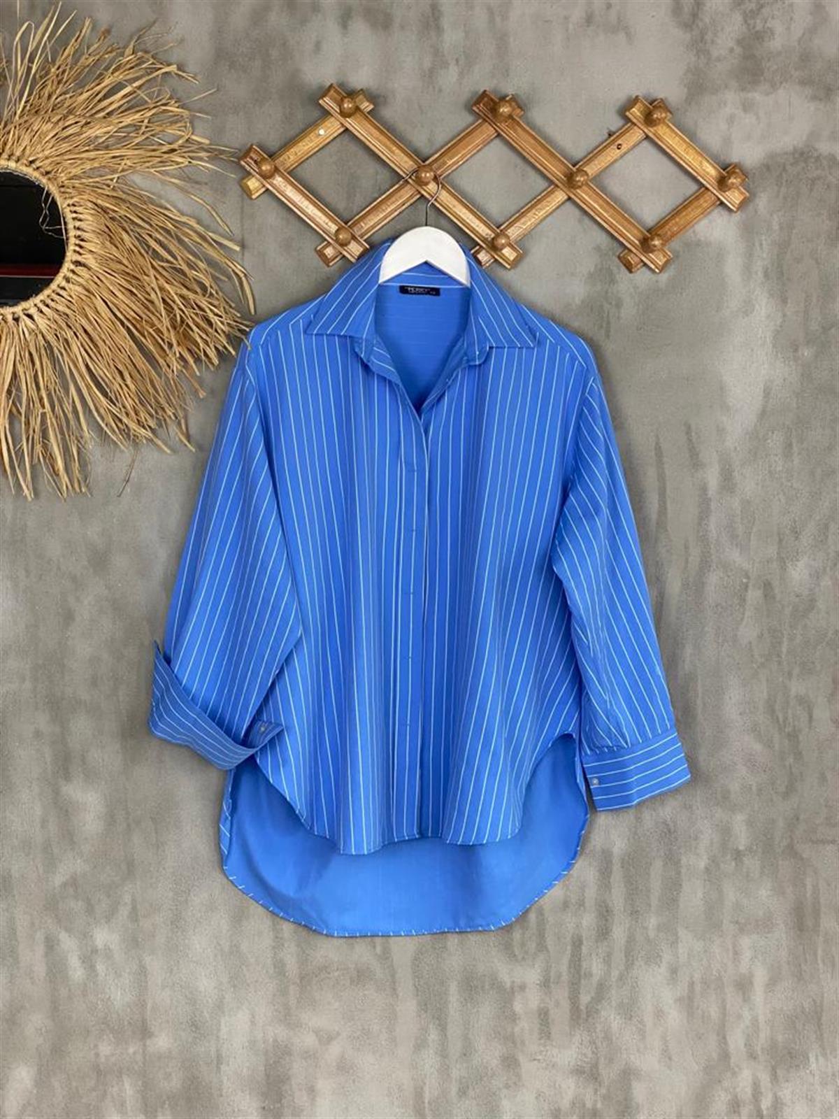 Beyaz Çizgili Oversize Poplin Gömlek (Mavi)