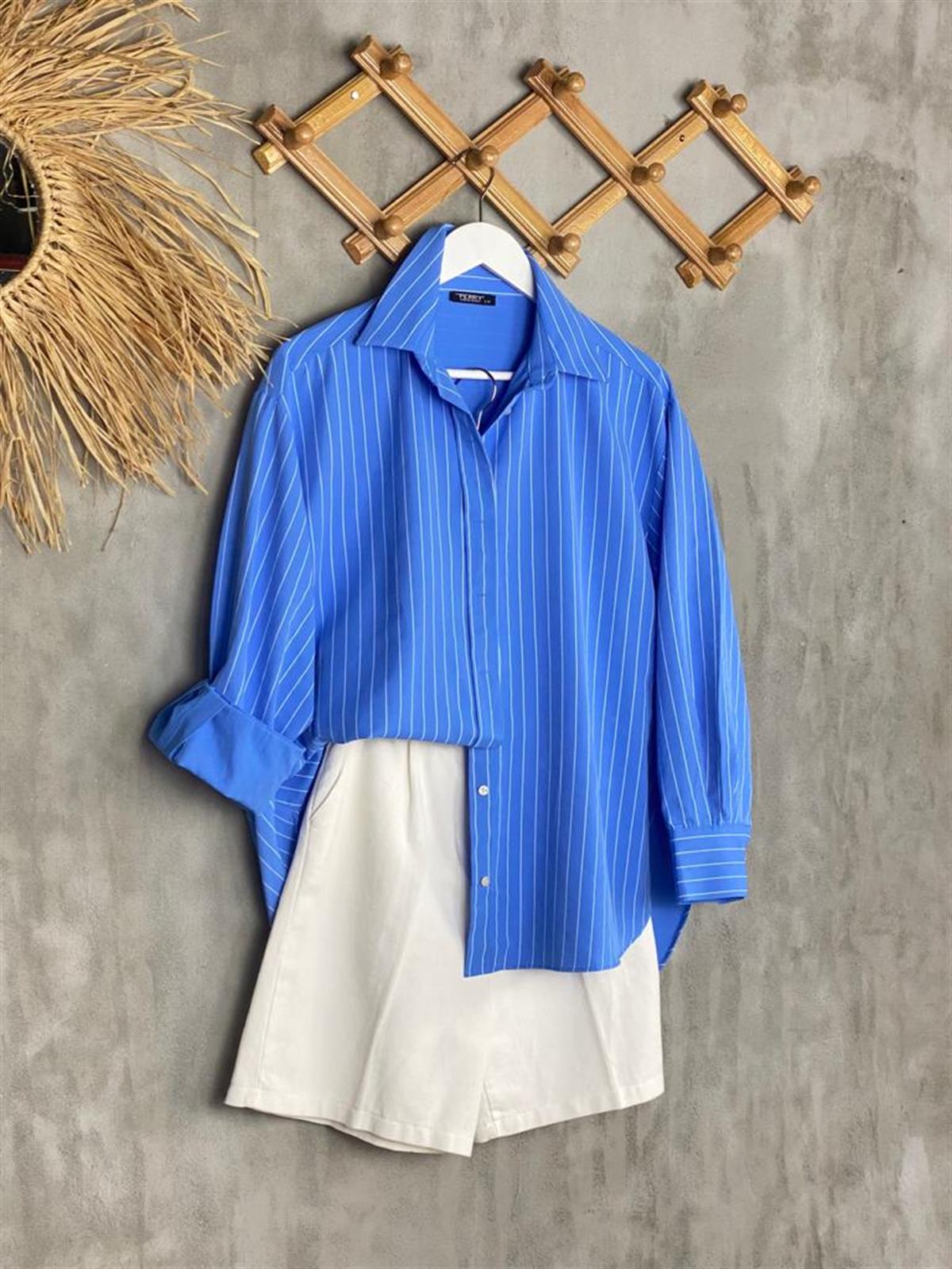 Beyaz Çizgili Oversize Poplin Gömlek (Mavi)