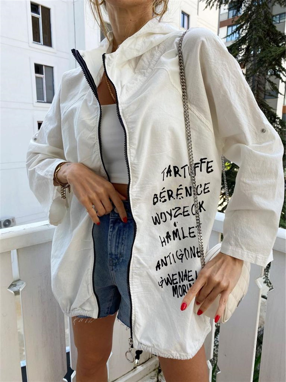 Beyaz Naturel Beautiful Day Yazı Figürlü Oversize Ceket