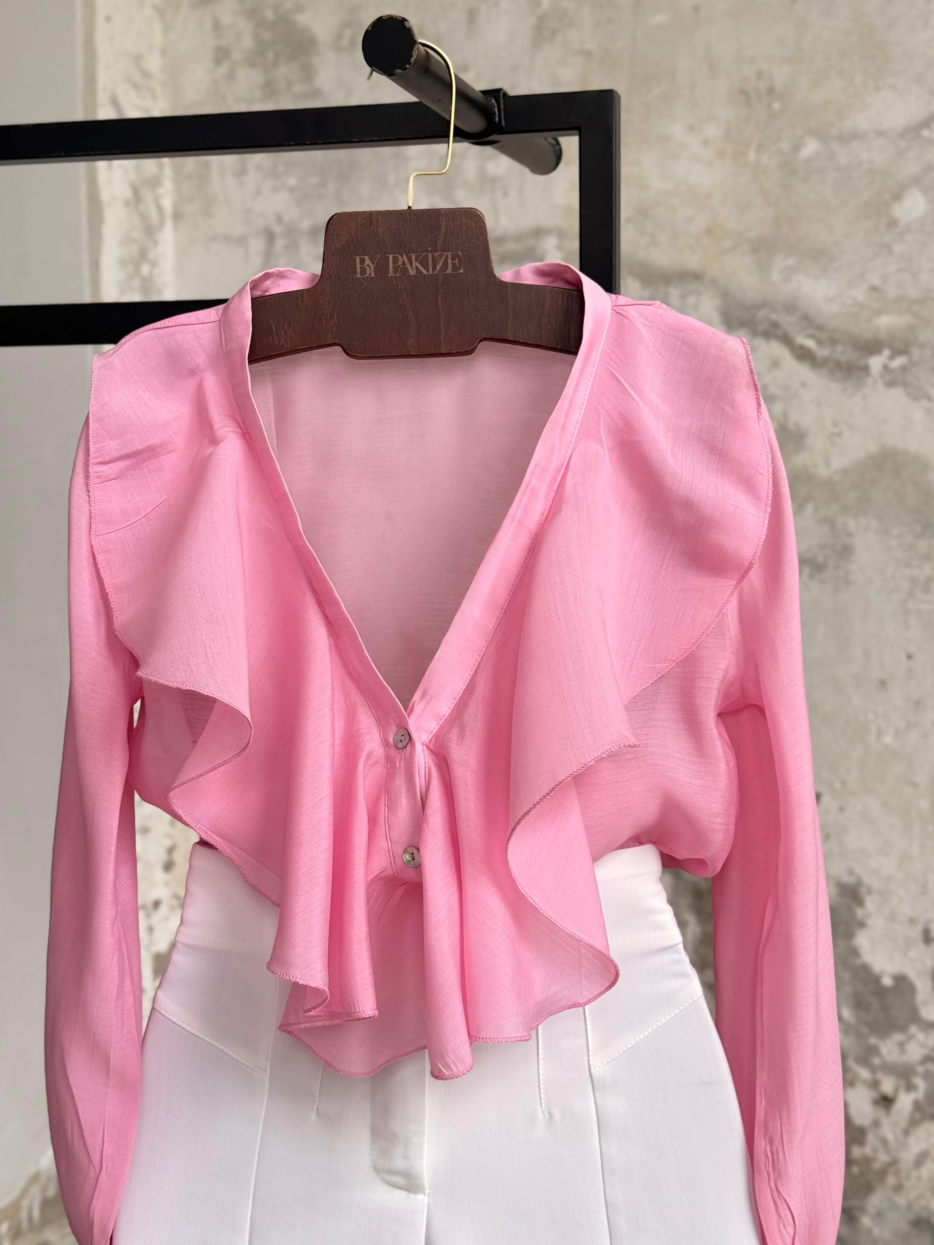 Bilek Büzgü Detaylı Fırfırlı Gömlek (Pembe)