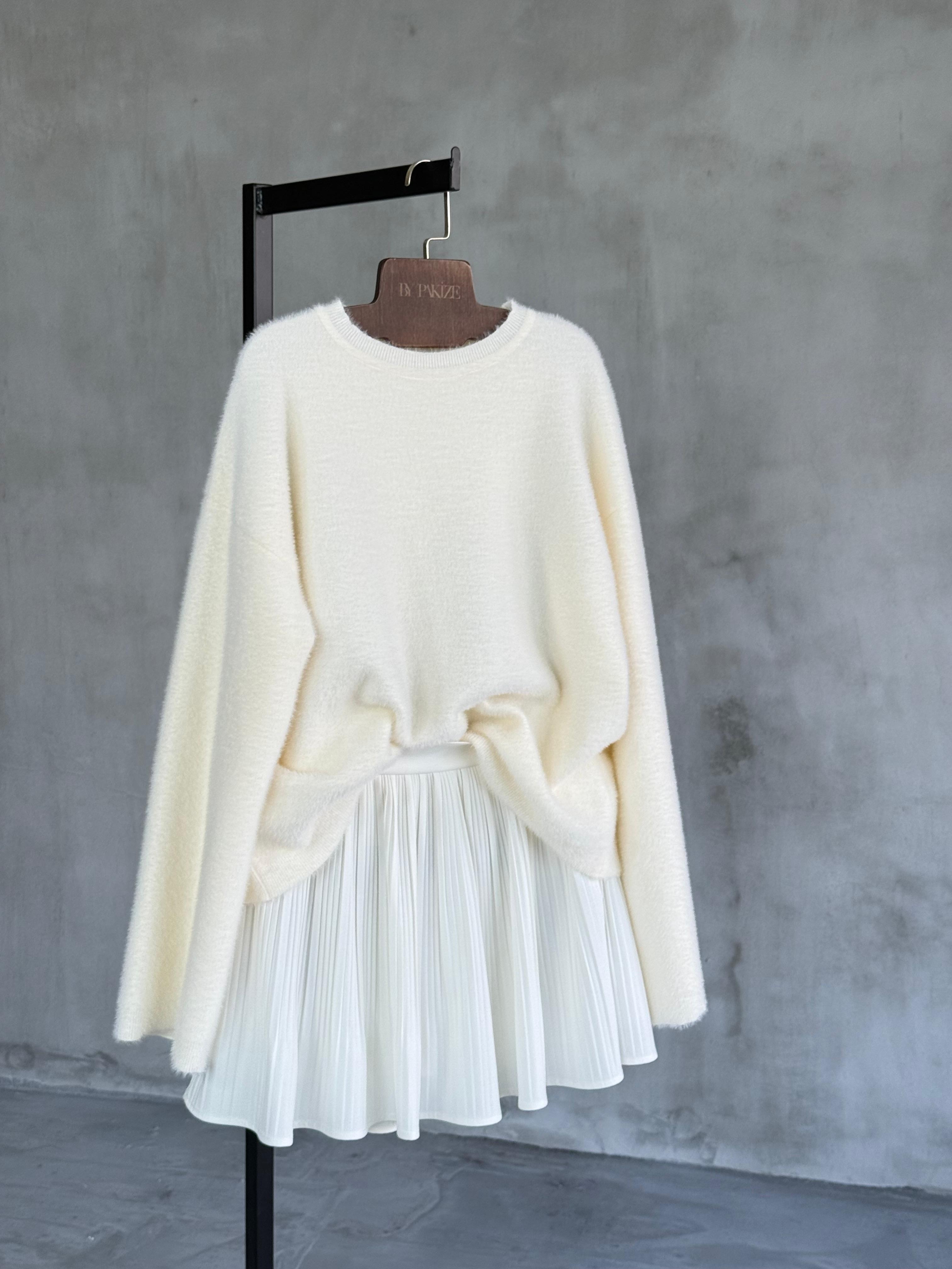 Bisiklet Yaka Angora Kazak (Ekru)