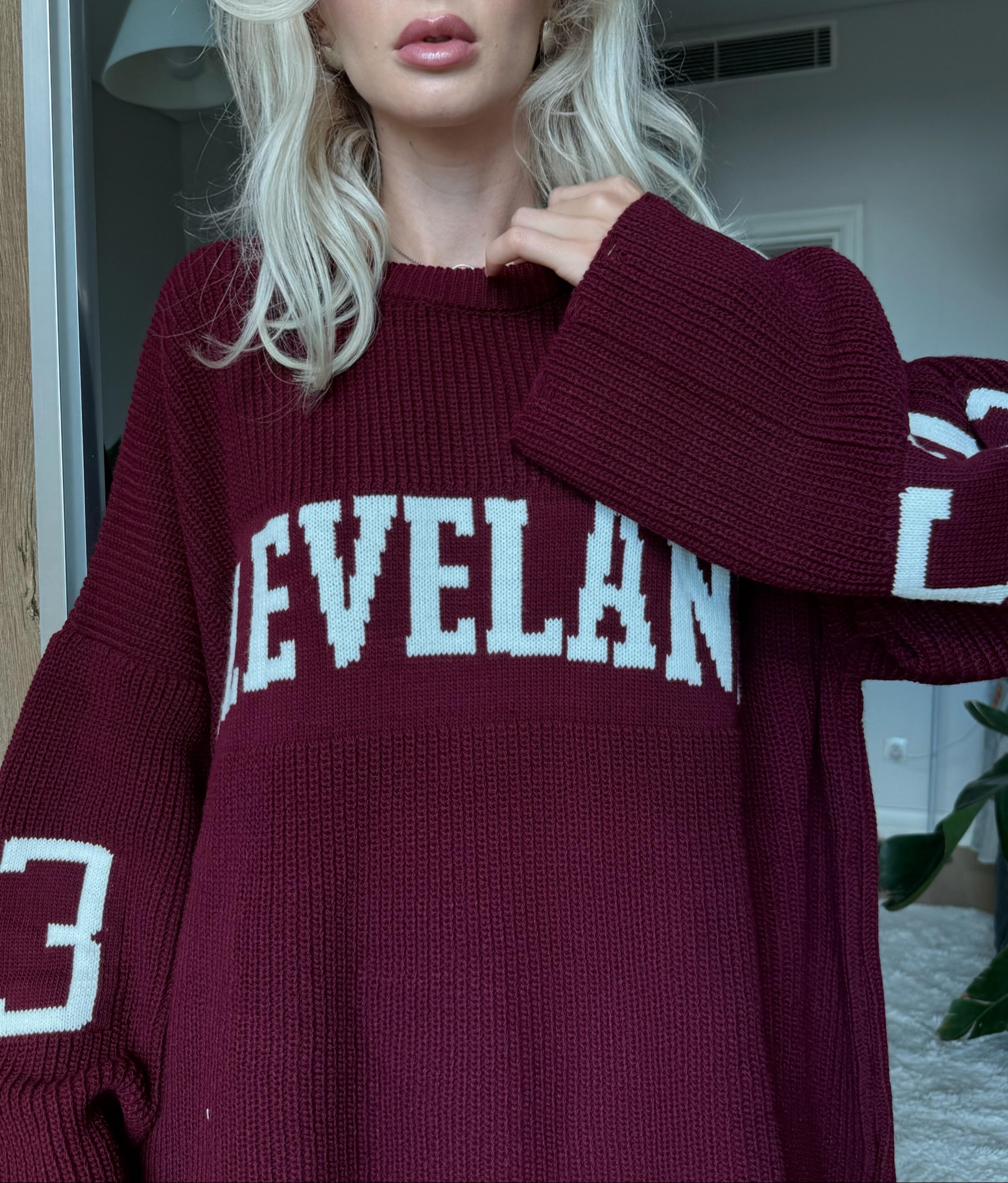 Bisiklet Yaka Yazı Baskı Detaylı Oversize Kazak (Bordo)