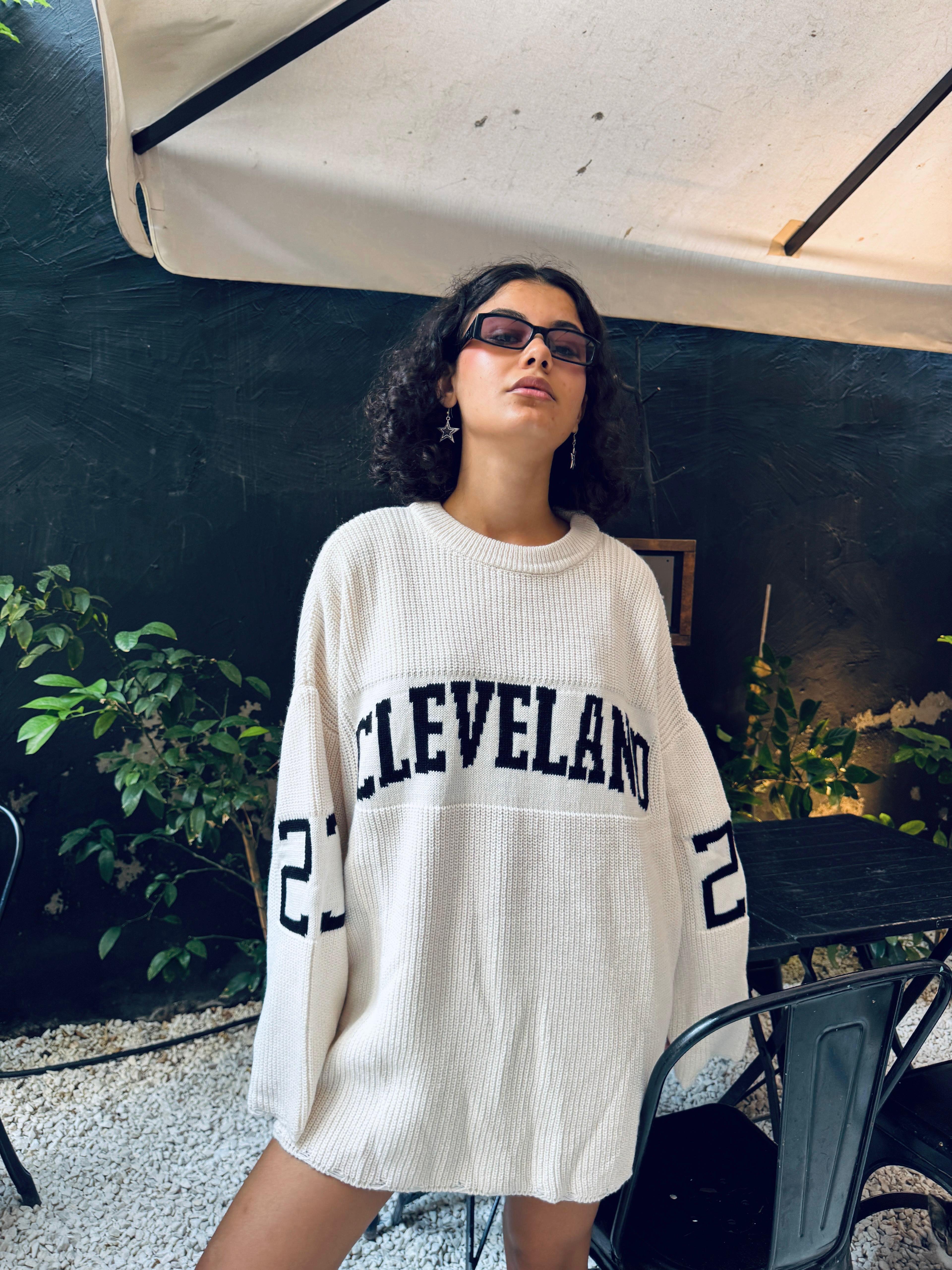 Bisiklet Yaka Yazı Baskı Detaylı Oversize Kazak (Beyaz)