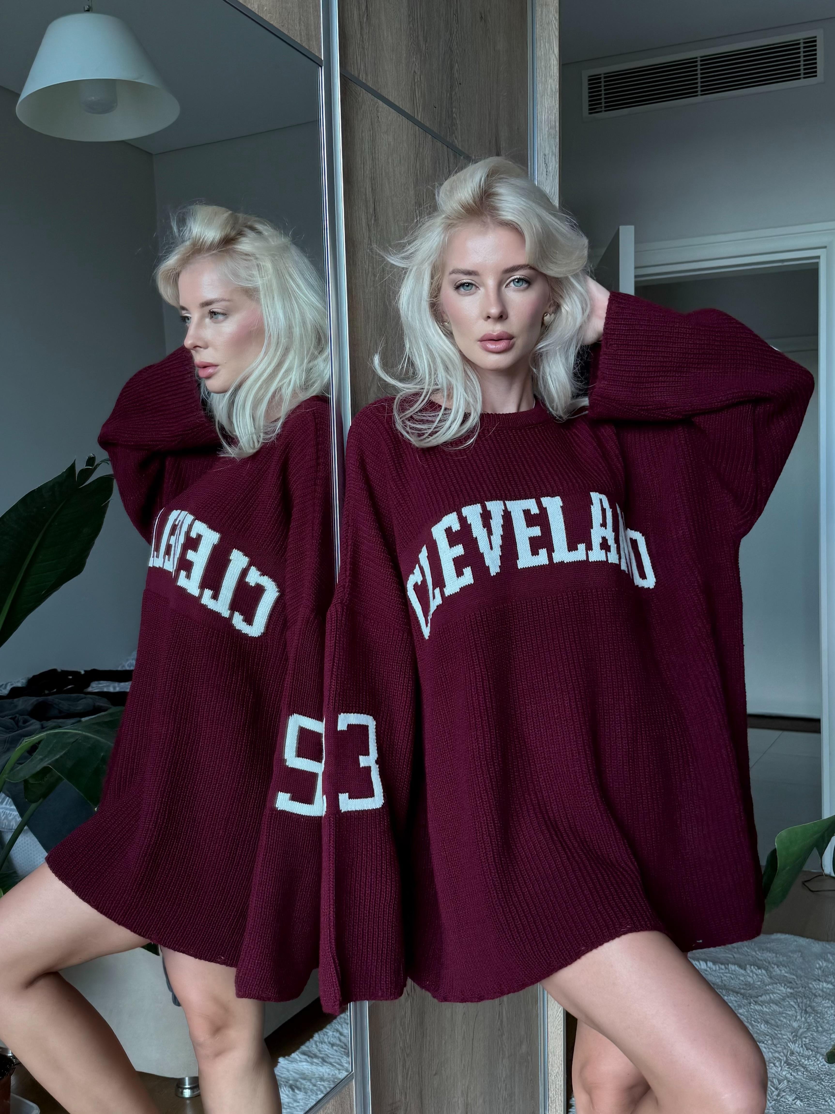 Bisiklet Yaka Yazı Baskı Detaylı Oversize Kazak (Bordo)