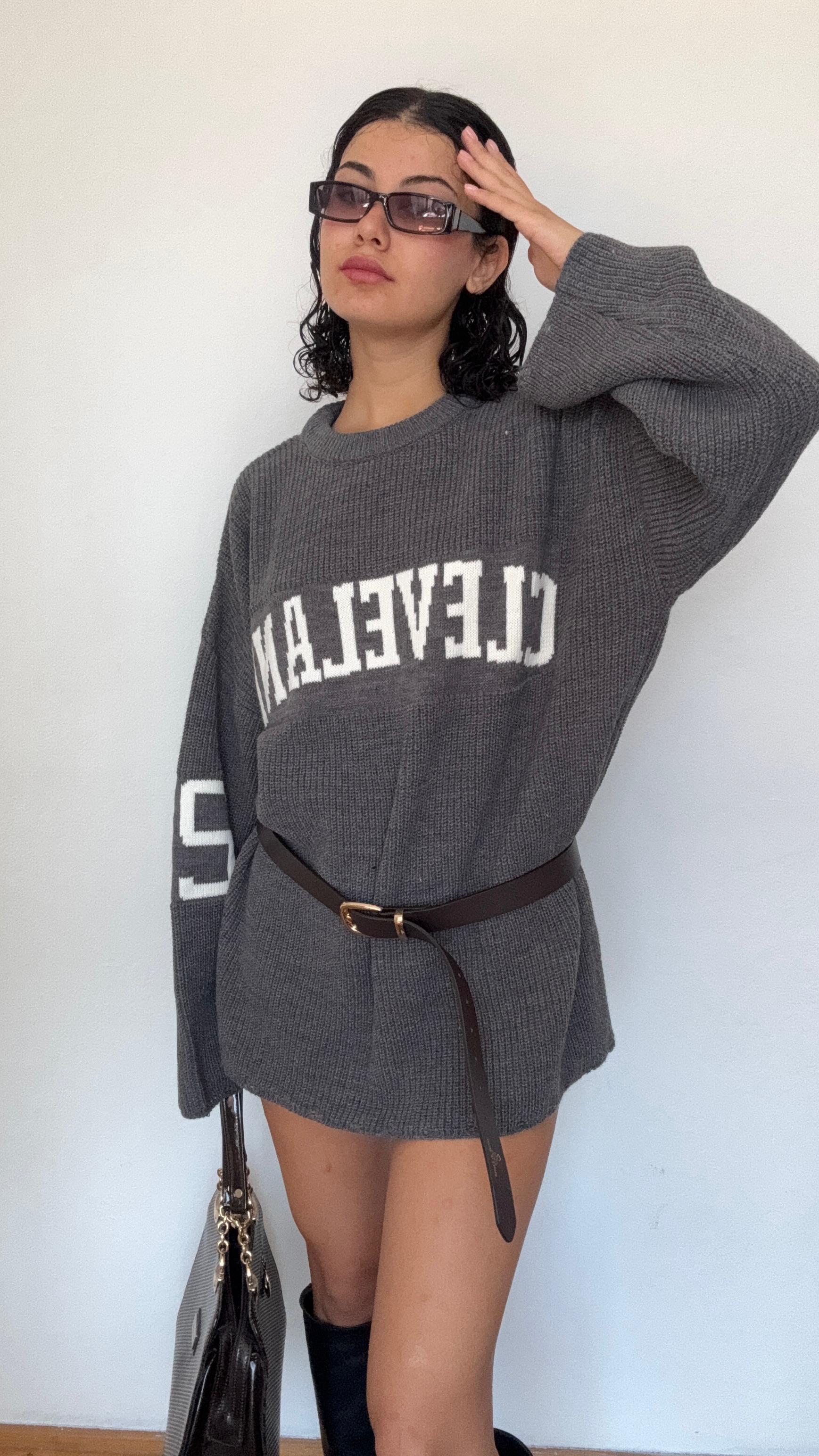 Bisiklet Yaka Yazı Baskı Detaylı Oversize Kazak (Gri)