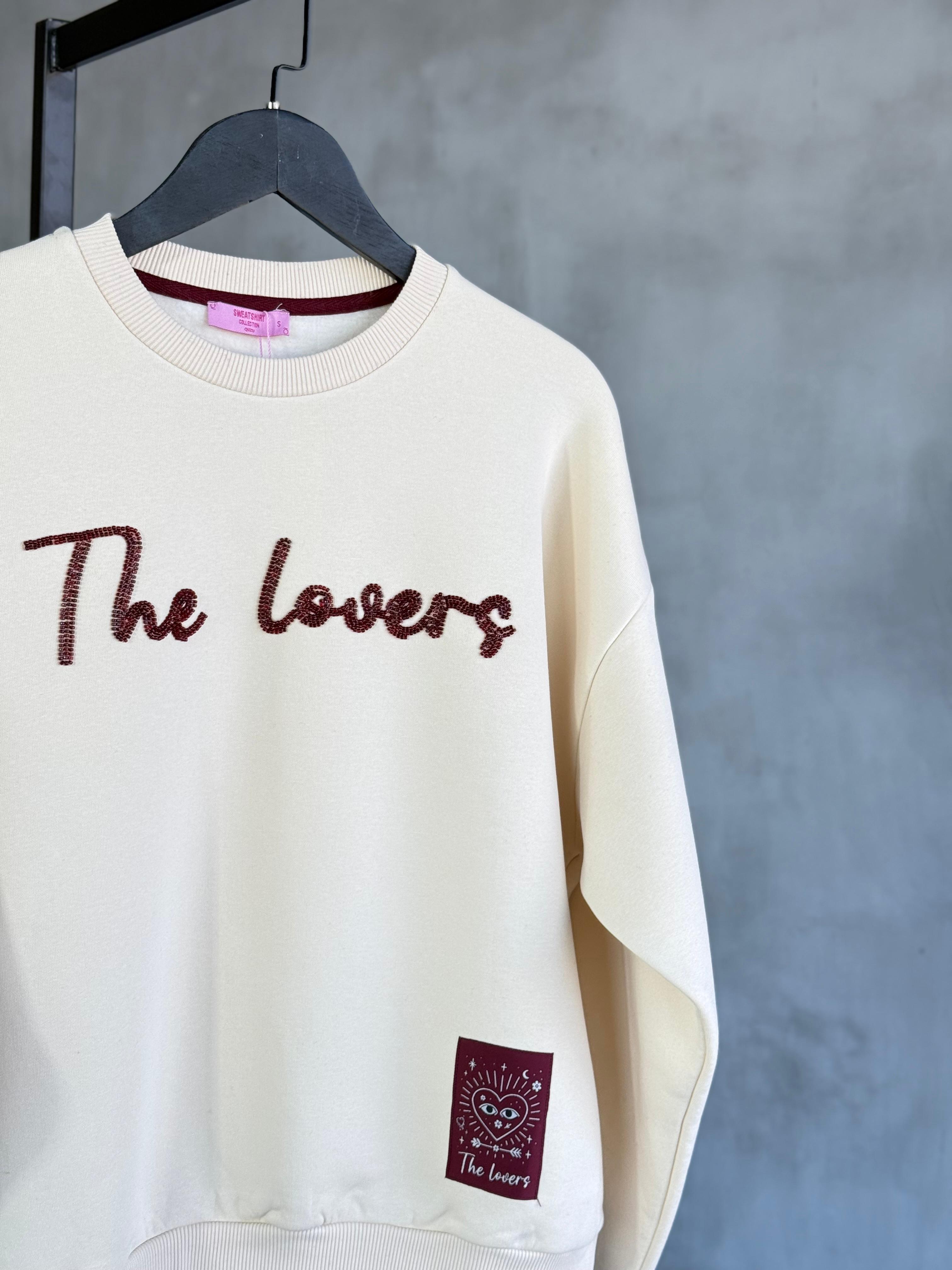 Boncuk Nakışlı Oversize Sweatshirt (Bej)