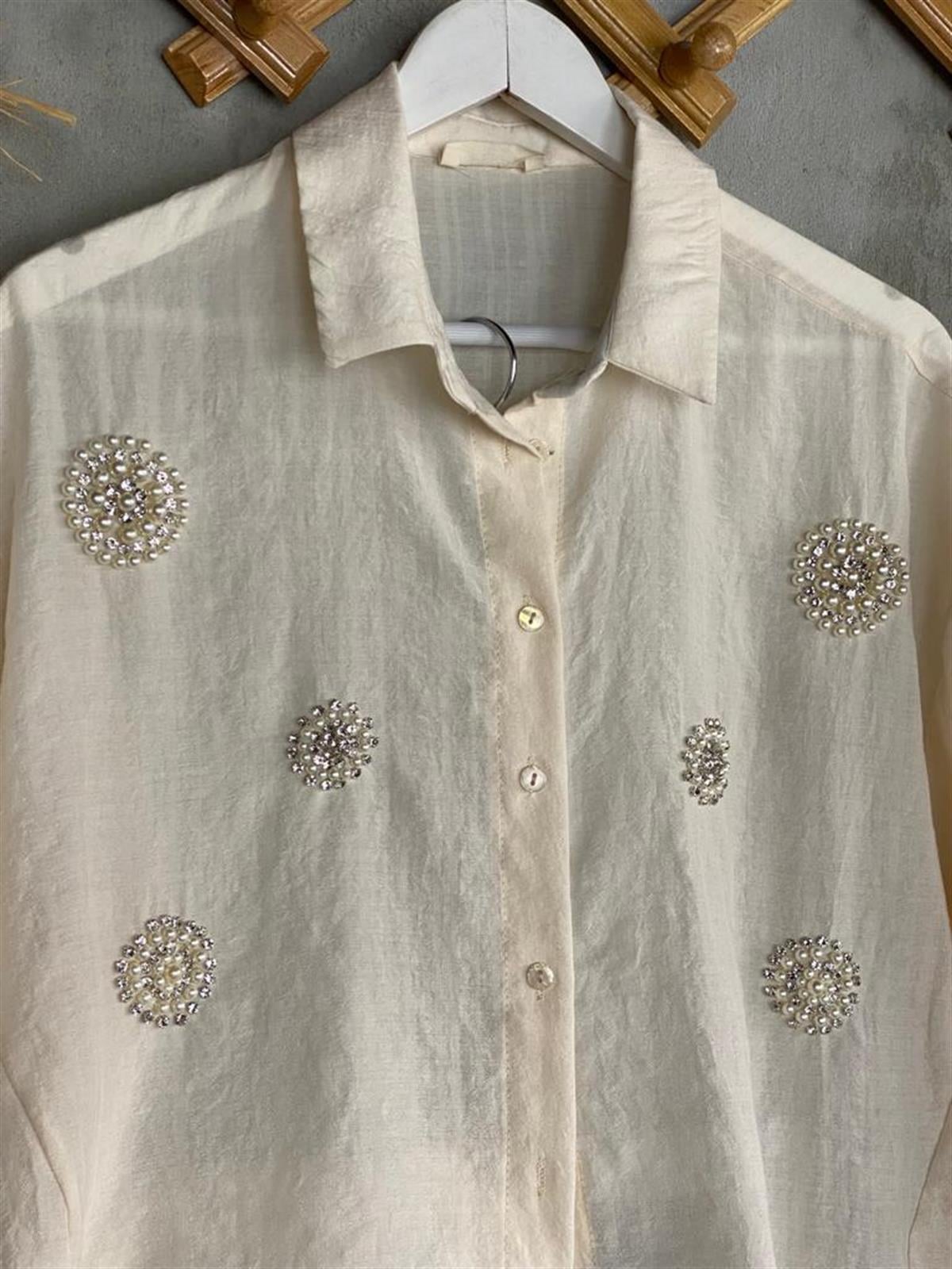 Boncuk Ve Taş İşçilikli Oversize Gömlek (Krem)
