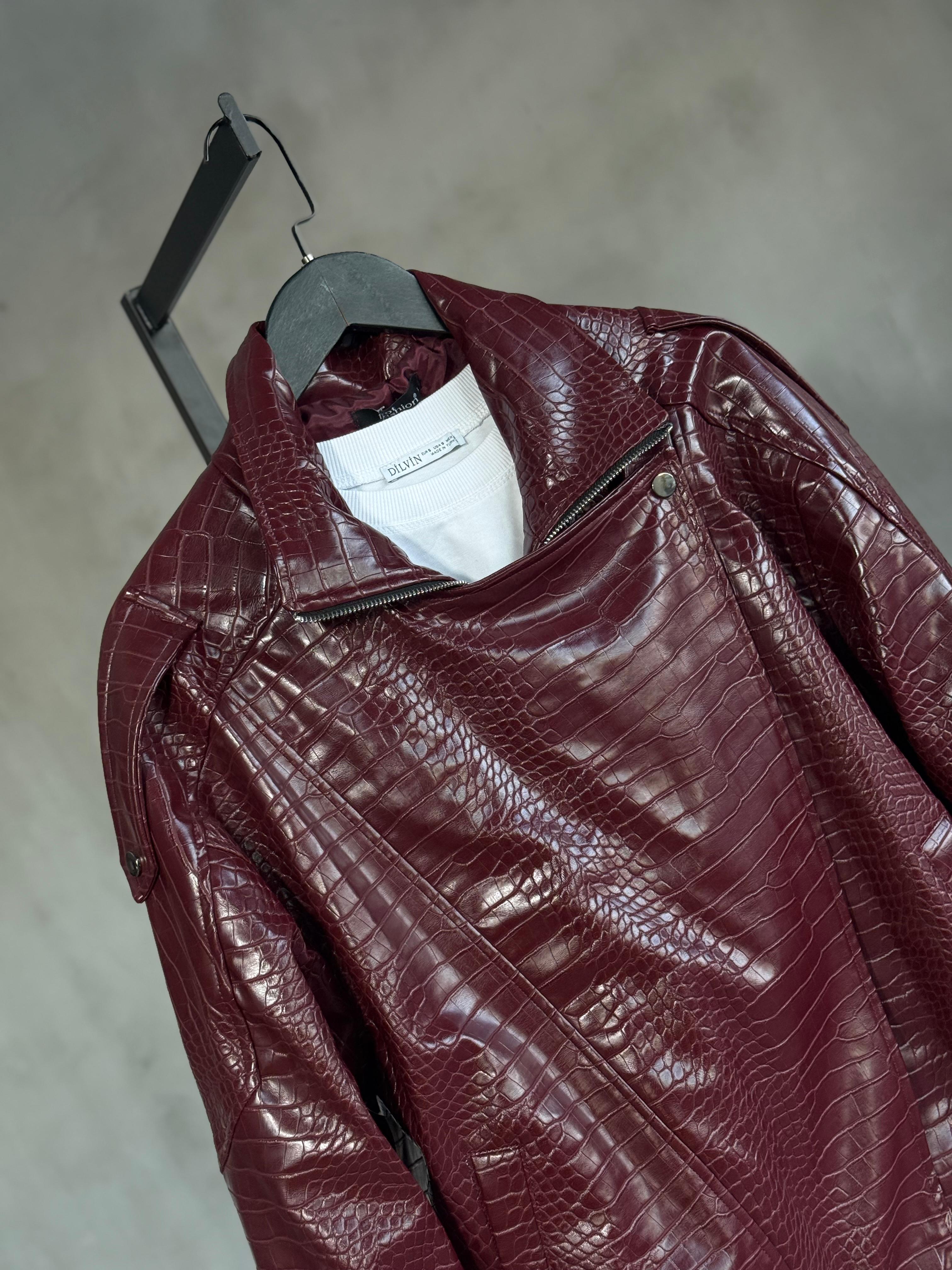 Bordo Krokodil Dik Yaka Deri Ceket (Bordo)