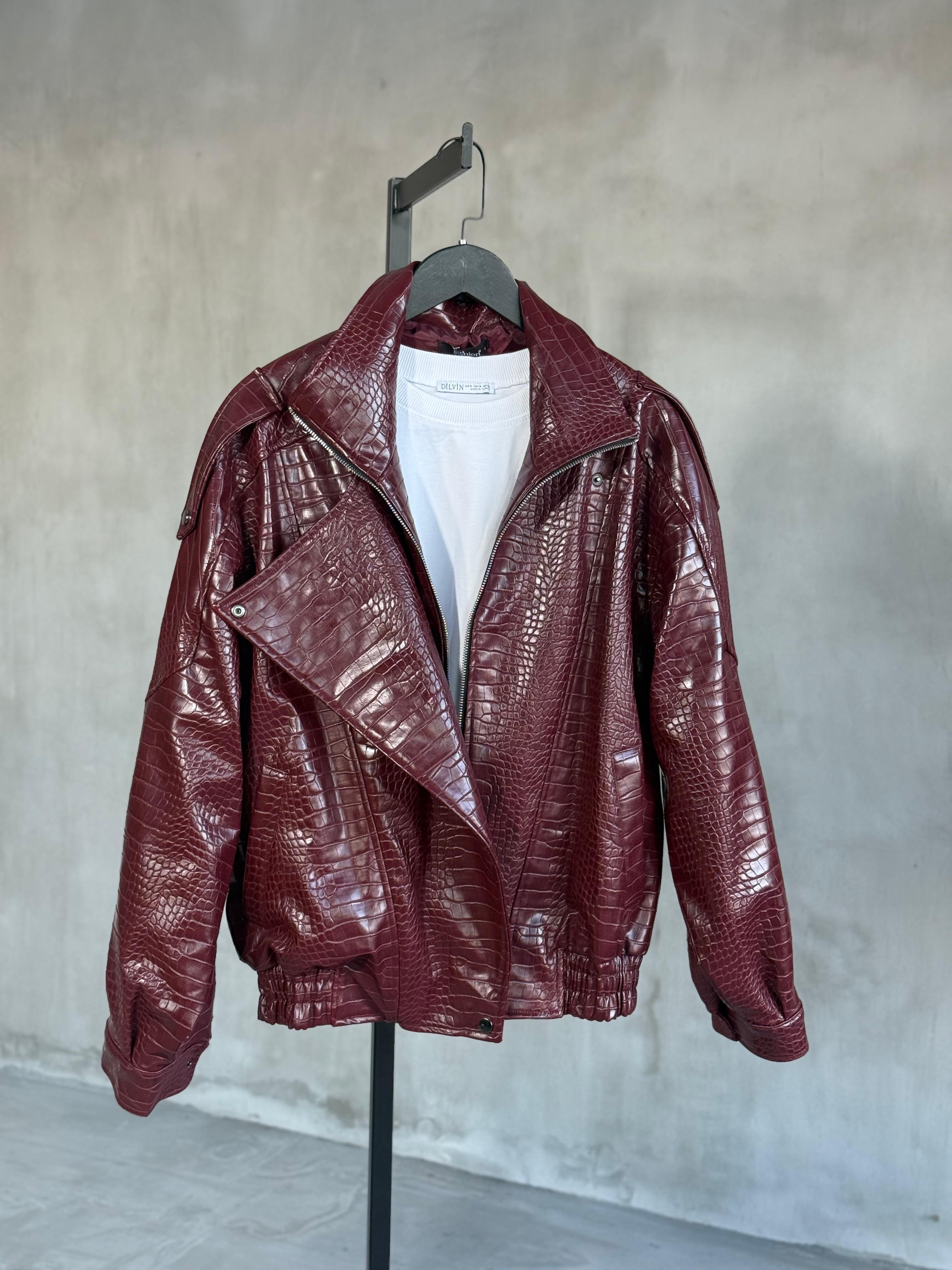 Bordo Krokodil Dik Yaka Deri Ceket (Bordo)