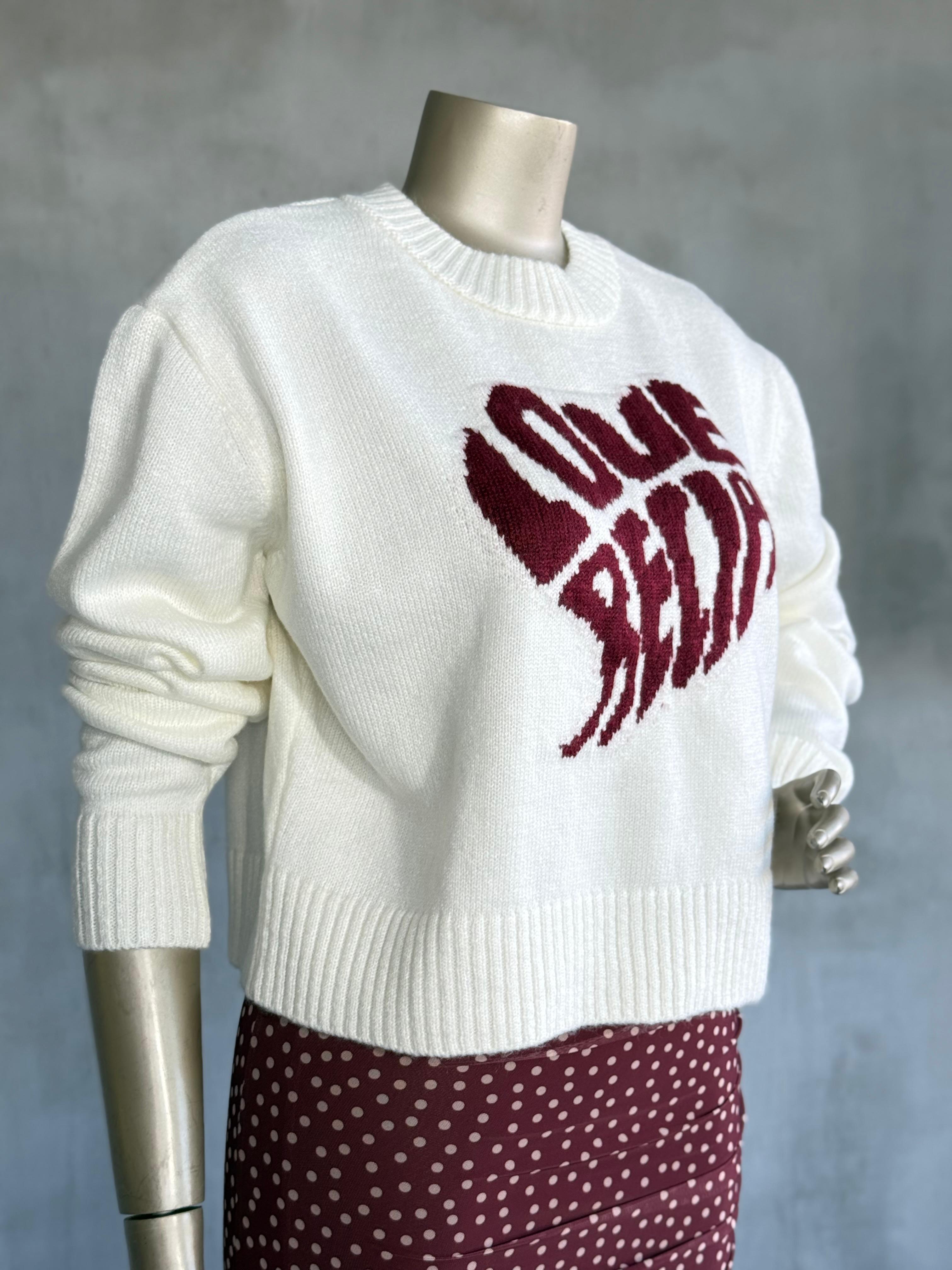 Bordo Yazı Desenli Bisiklet Yaka Triko Kazak (Ekru)