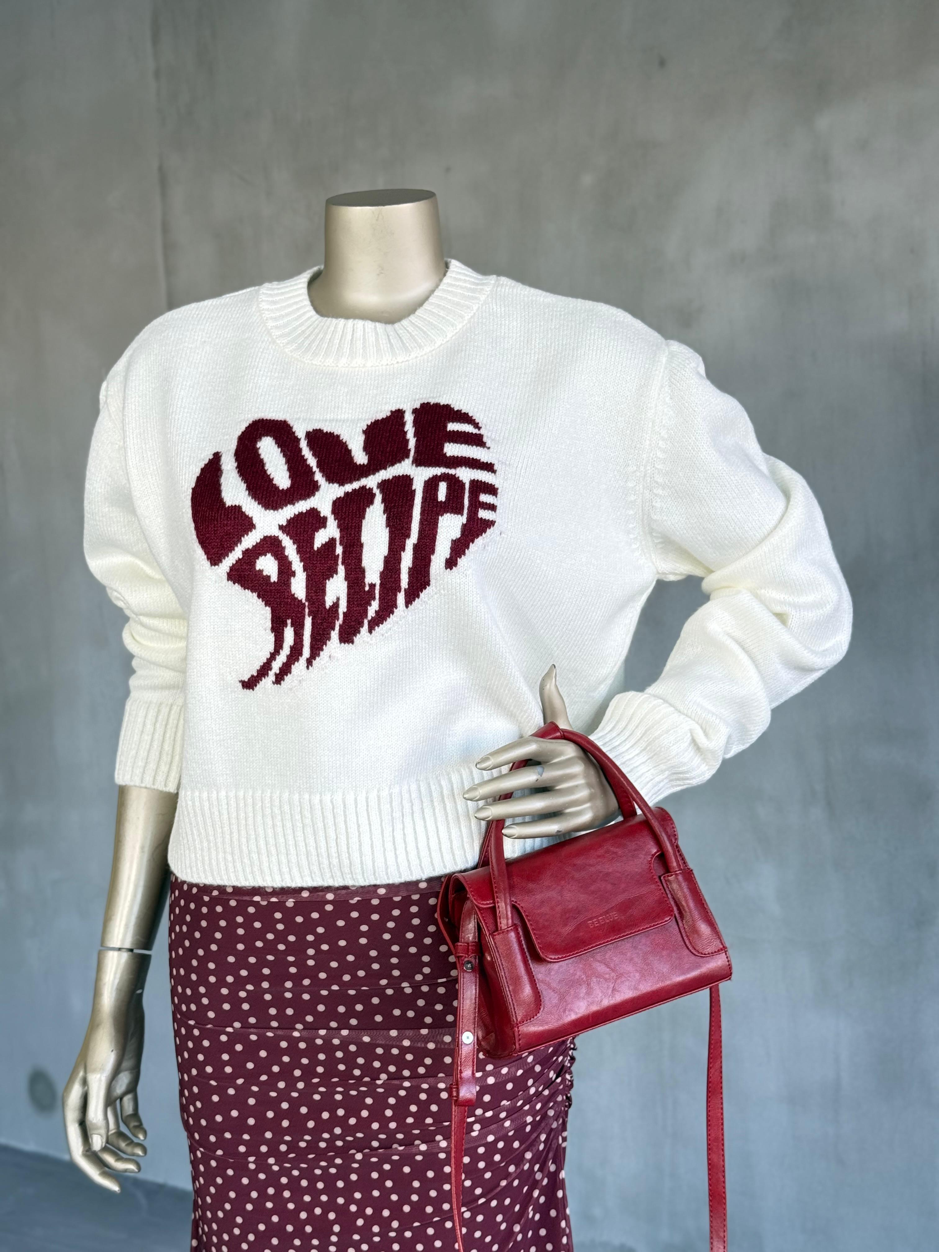 Bordo Yazı Desenli Bisiklet Yaka Triko Kazak (Ekru)