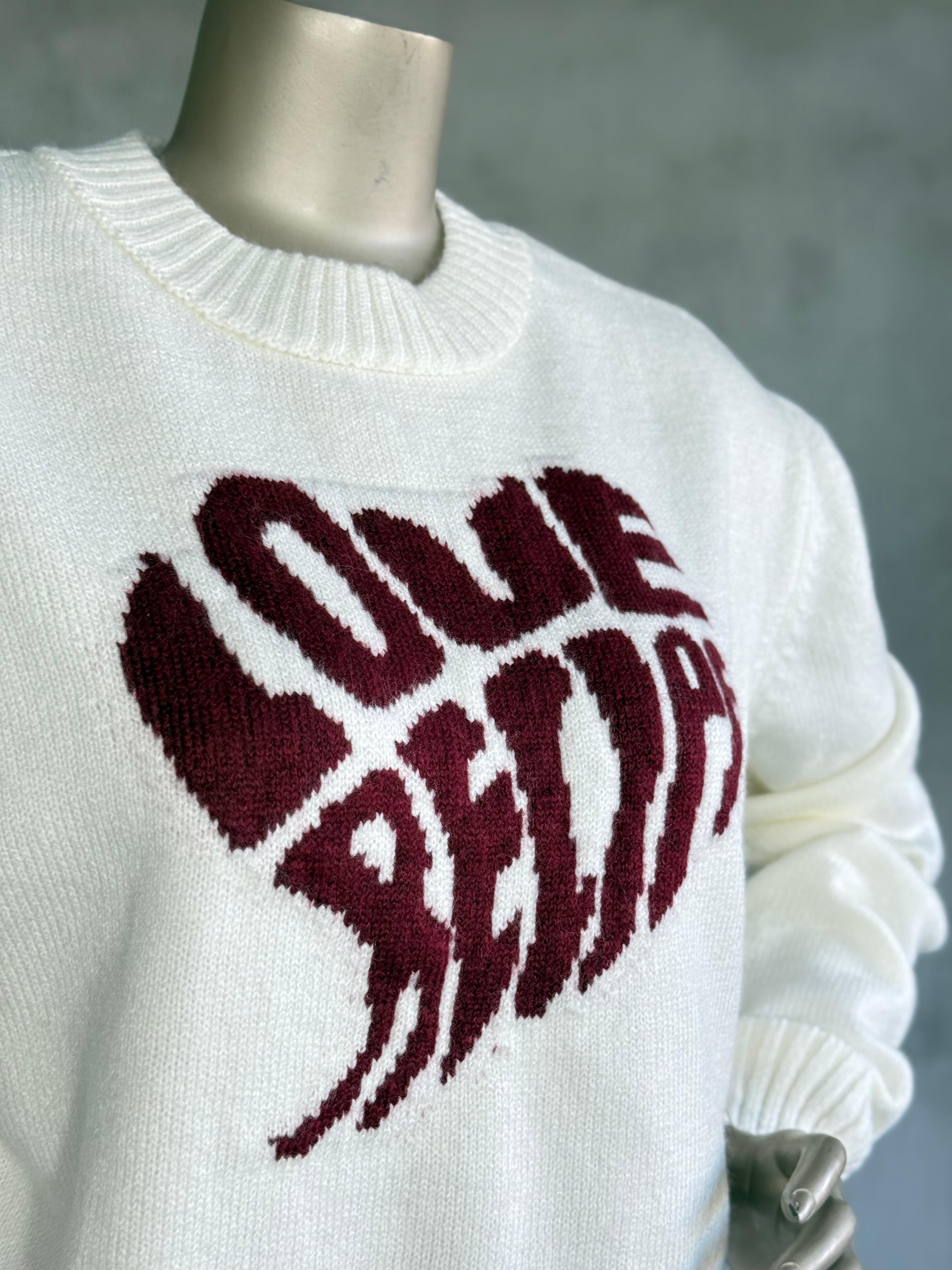 Bordo Yazı Desenli Bisiklet Yaka Triko Kazak (Ekru)