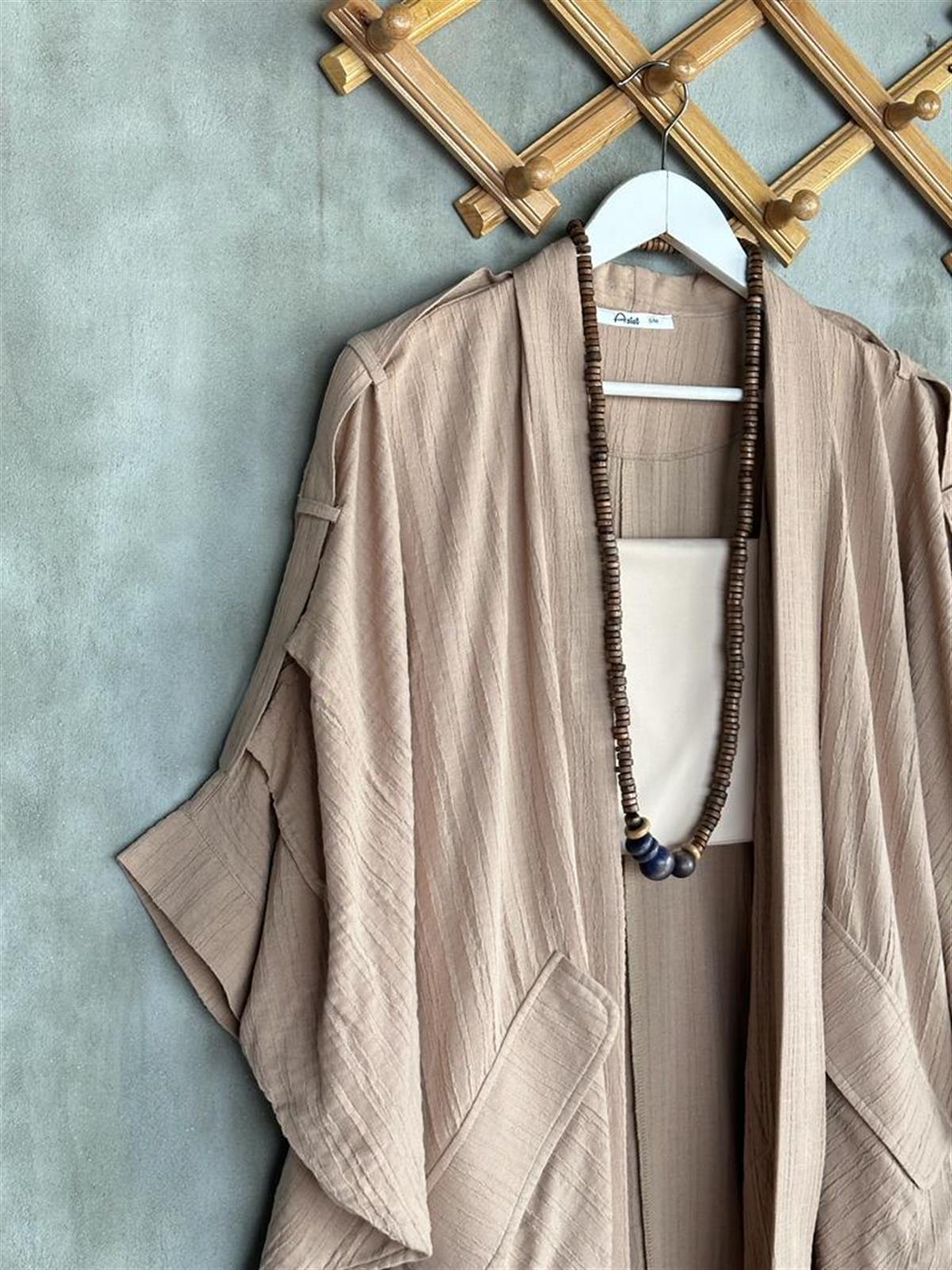 Bürümcük Kumaş Kol Detaylı Kimono (Camel)