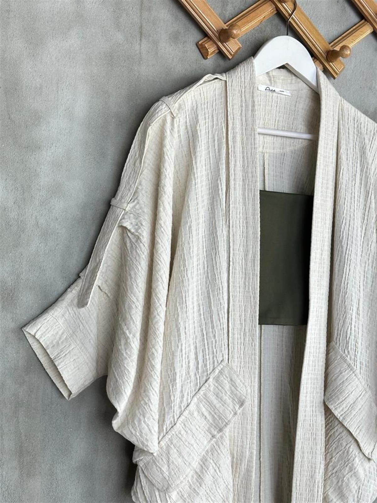 Bürümcük Kumaş Kol Detaylı Kimono (Taş)