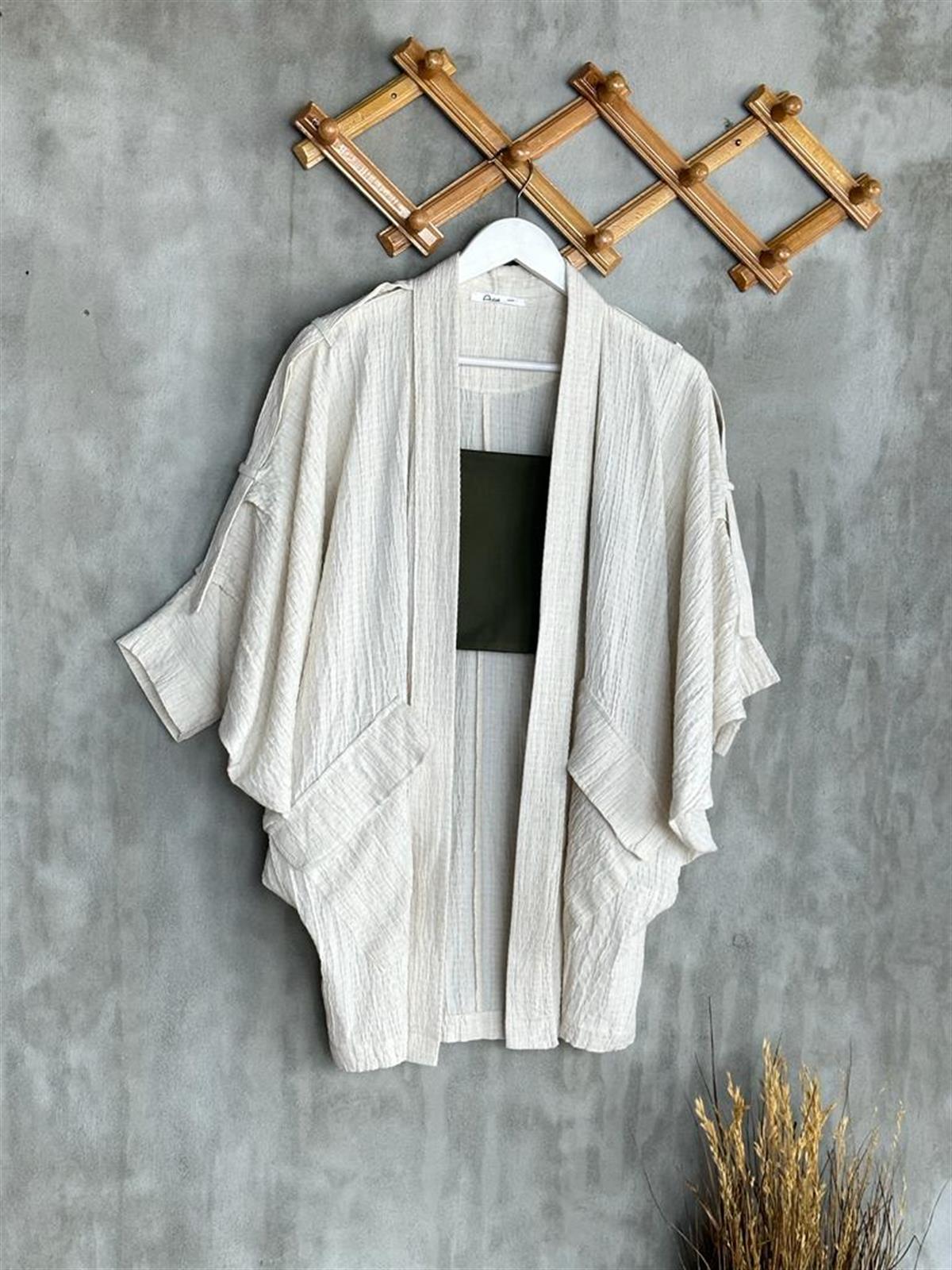 Bürümcük Kumaş Kol Detaylı Kimono (Taş)