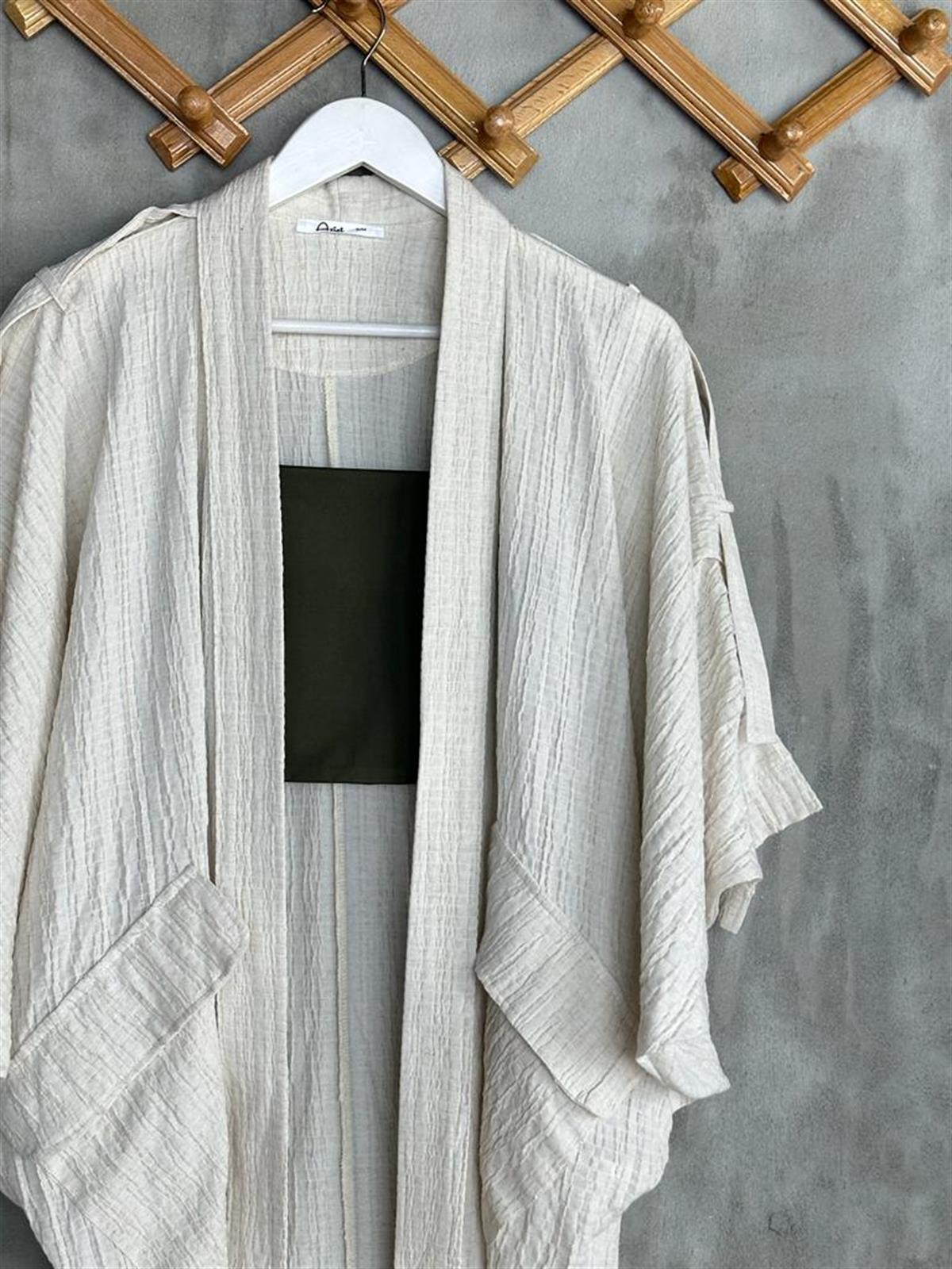 Bürümcük Kumaş Kol Detaylı Kimono (Taş)