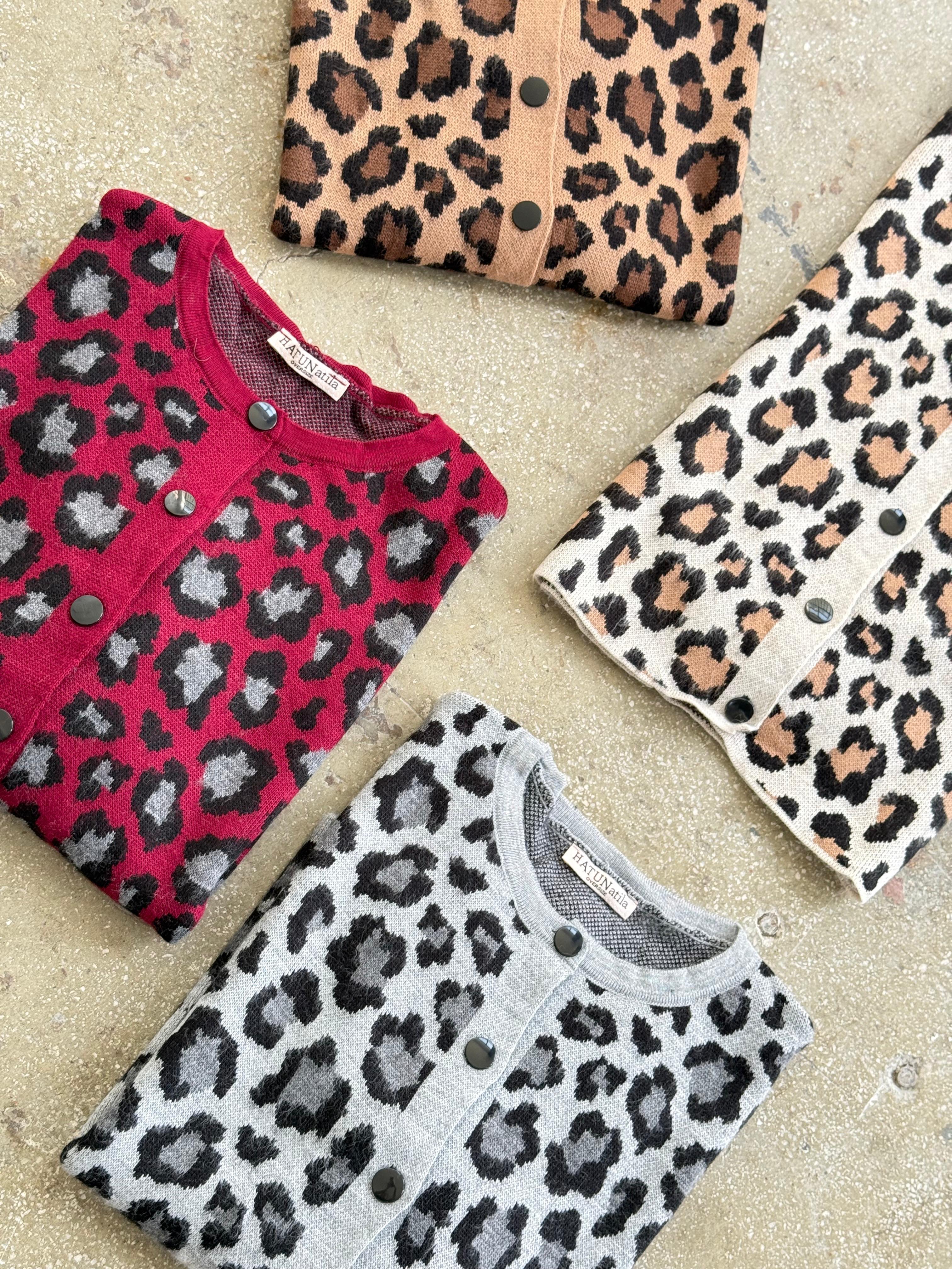 Camel Leopar Desenli Triko Hırka (Bej)