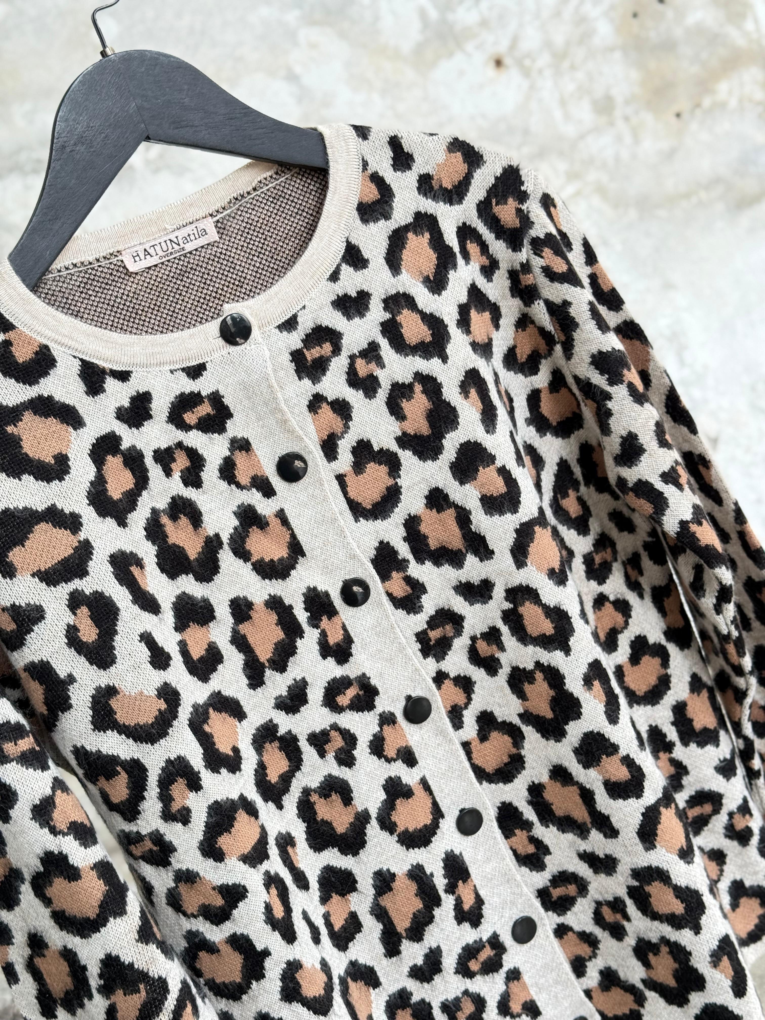 Camel Leopar Desenli Triko Hırka (Bej)