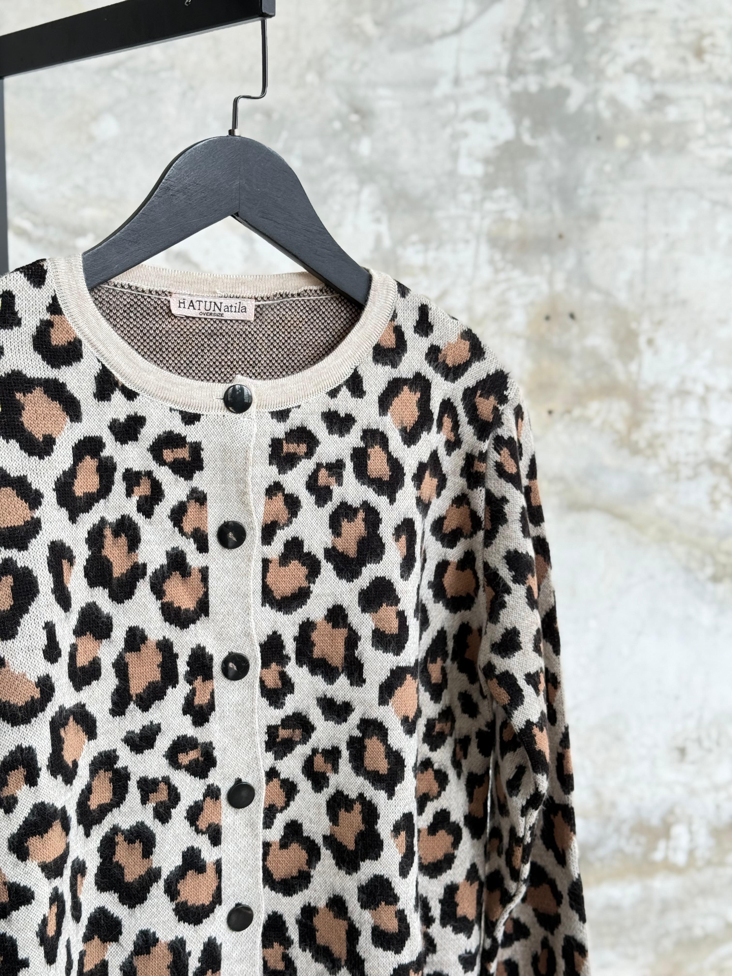 Camel Leopar Desenli Triko Hırka (Bej)
