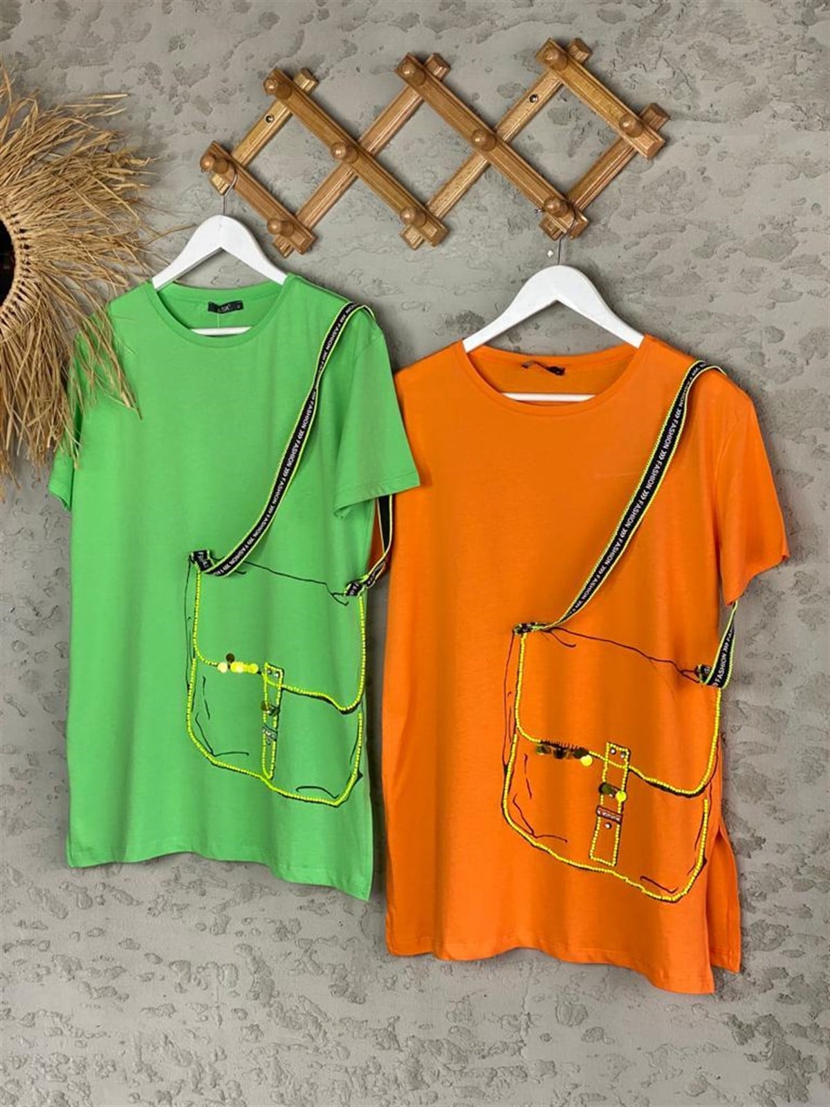 Cep Detaylı Tasarım Tshirt (Çağla Yeşili/Oranj)
