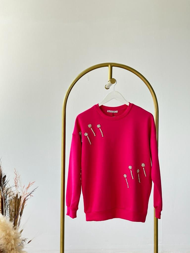 Çiçek Desenli Kristal Taş İşçilikli Sweat (Fuşya)
