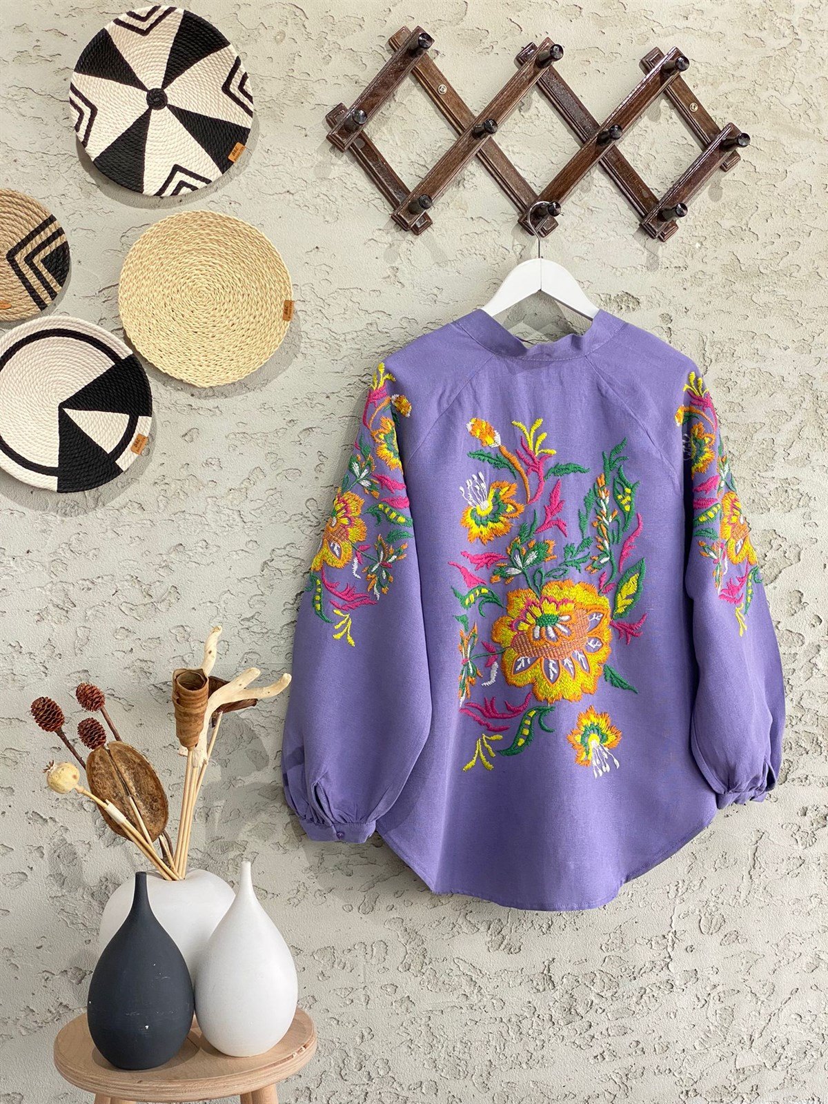 Çiçek İşlemeli Keten Kimono (Mor)